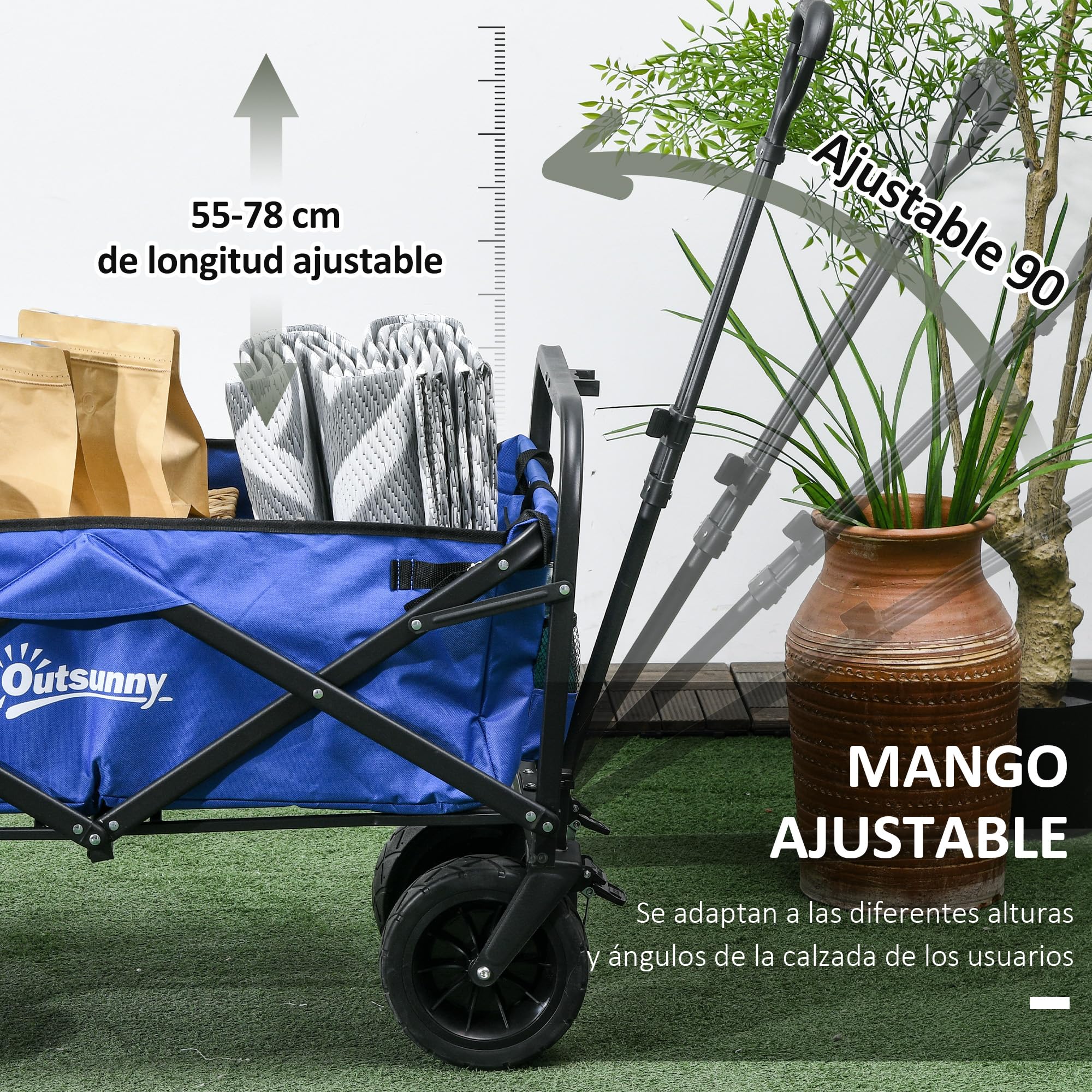 Outsunny Chariot de Jardin et Plage Pliant 100 kg Bleu Foncé | Longueur et angle de poignée réglables, porte arrière, sac de transport, pour shopping
