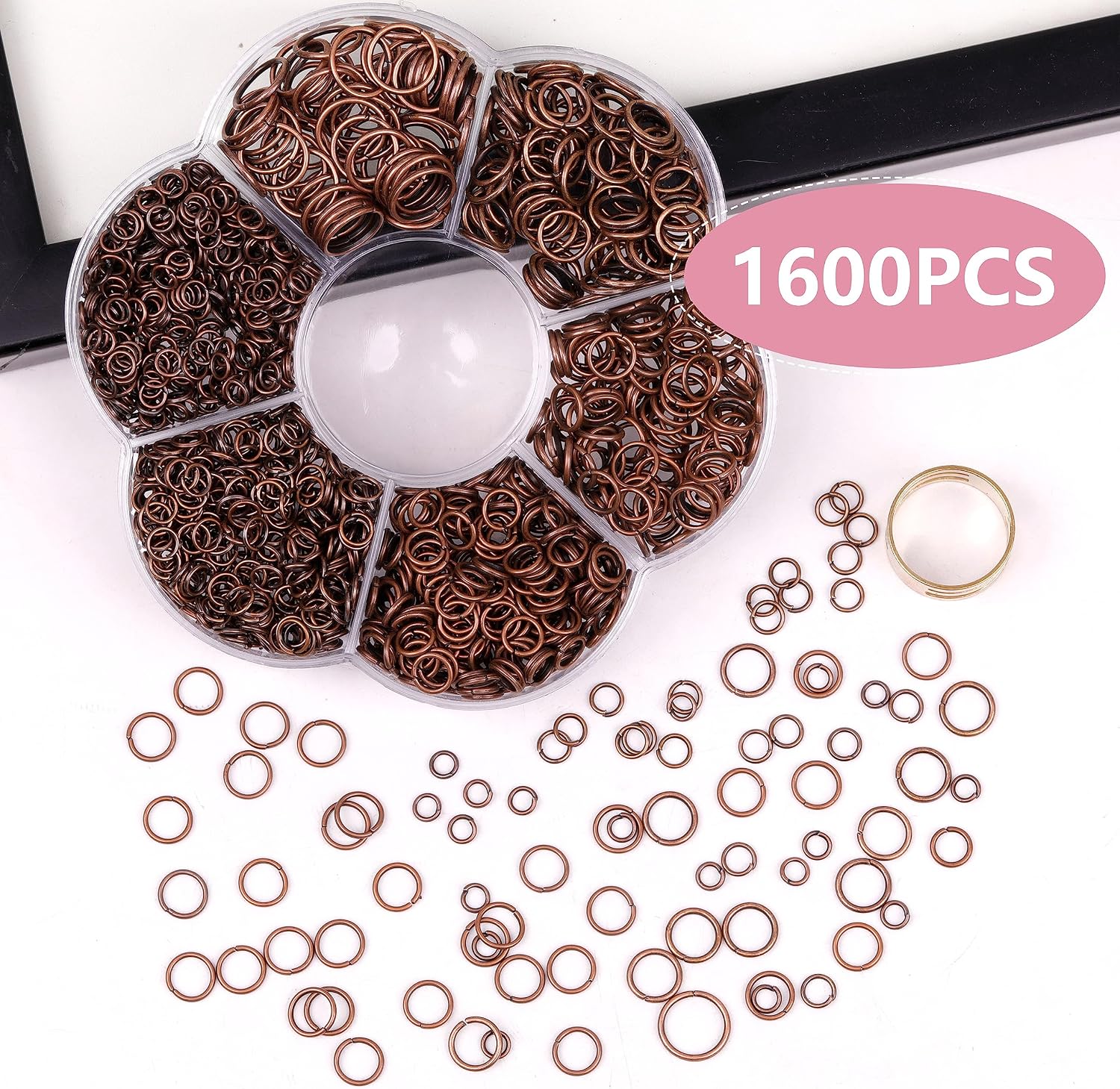 YAKA 1600Pcs 6 Different Sizes Open Jump Rings,5mm 6mm 7mm 8mm 9mm 10mm Ring Jewelry Keychain for Jewelry Making Accessories,1Pcs Jump Ring Open/Close Tool and 1Pcs Clear Box (Red Copper)