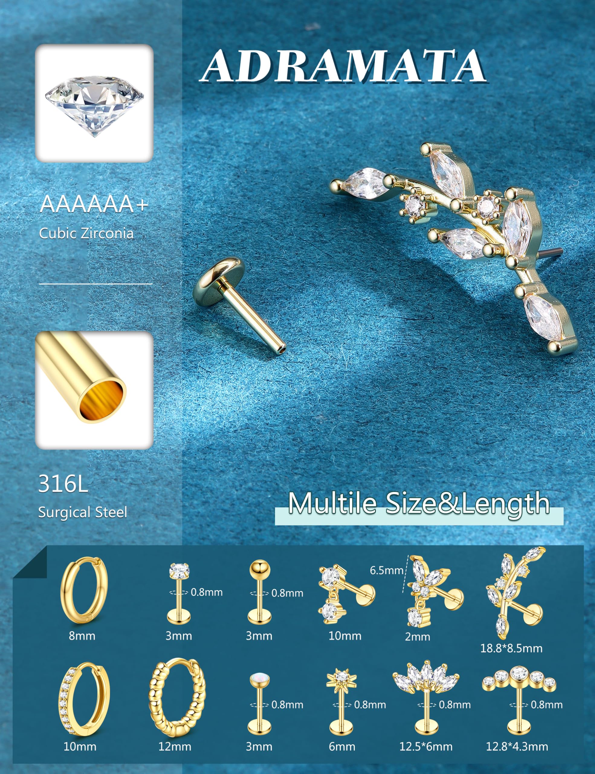 QHQQXN Biżuteria do piercingu Helix Zestaw do przekłuwania tragusa ze stali chirurgicznej Bezgwintowy wciskany płaski tył Labret Kolczyki do nosa Kolczyki na chrząstkę Obręcze Srebrna złota muszla