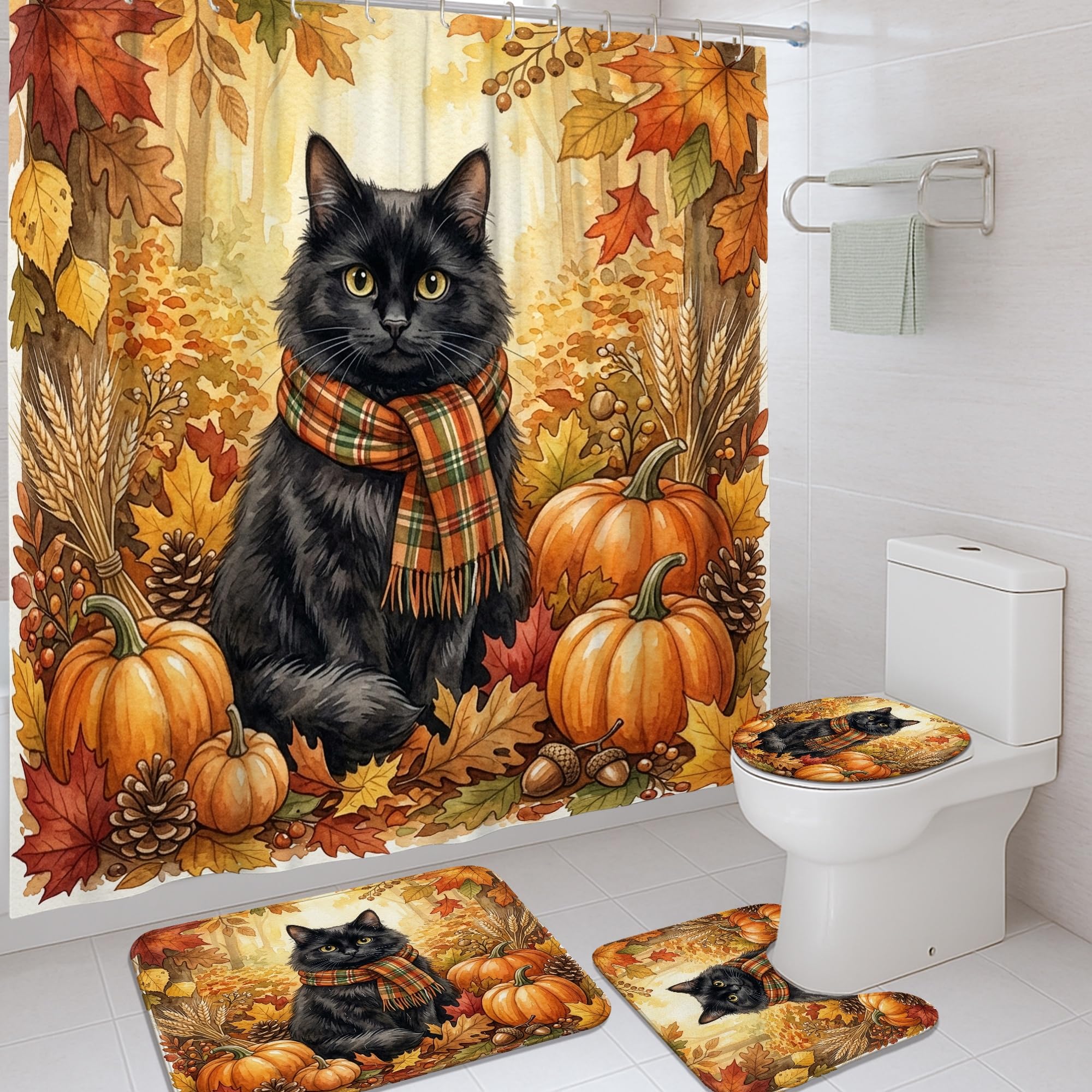 Rideau de douche chat et citrouilles d'automne orange en polyester 183x183 cm