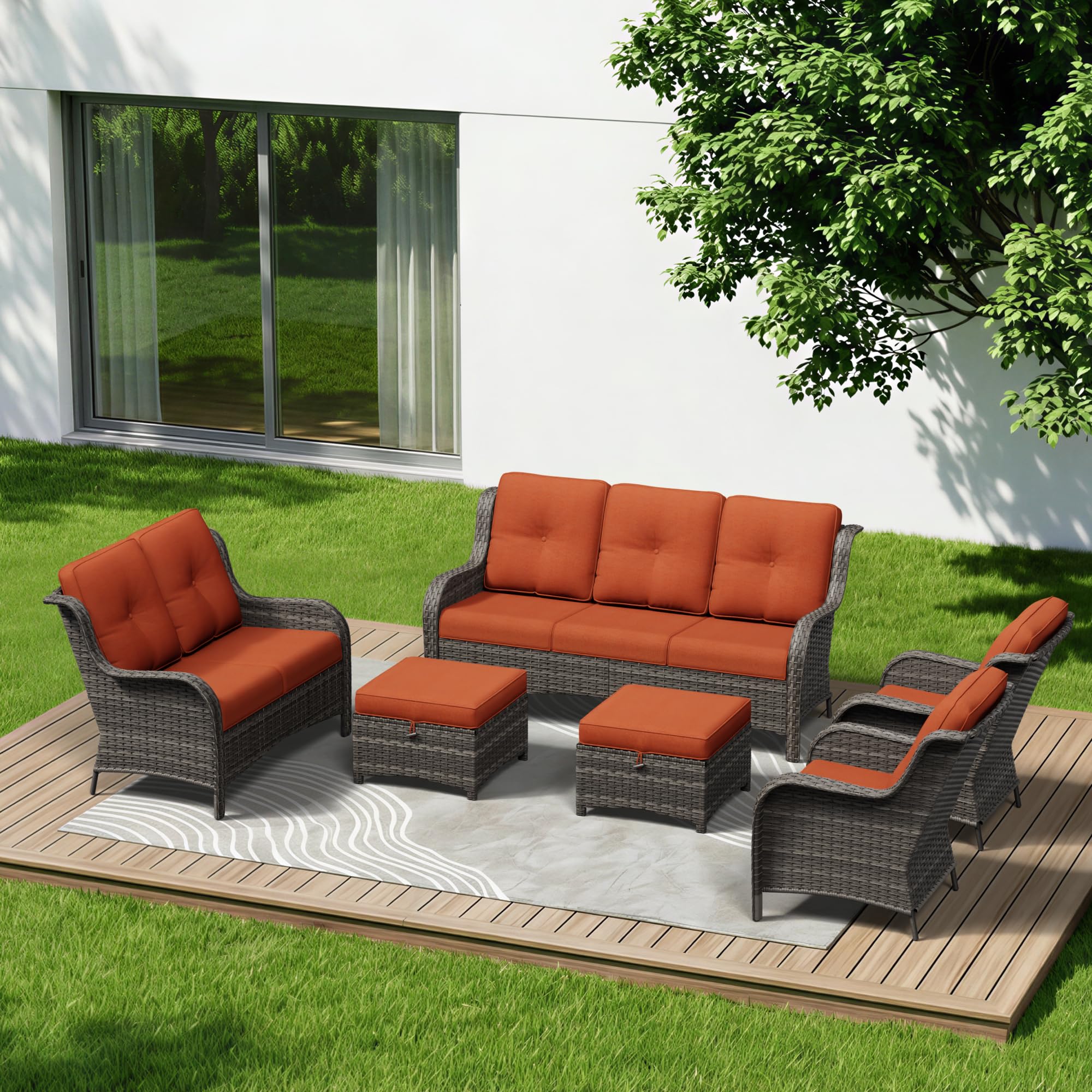 6 Piece Outdoor Wicker Patio Furniture Set, Patio Chairs Set with Thickened Olefin Cushions, High Back and Deep Seating, Hand-Woven PE Rattan, Ottoman for Porch, Deck