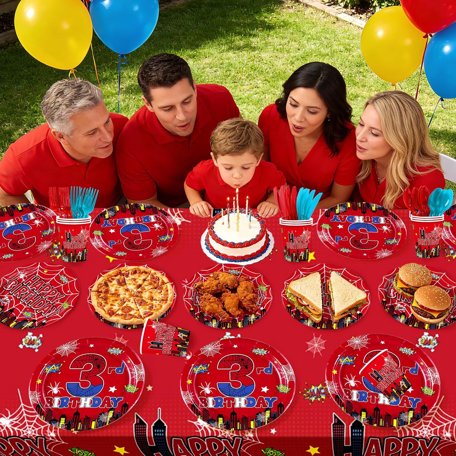 171Pcs Spider 3rd Birthday Party Decorations Super Theme Hero 3rd Birthday Tableware Serves 24 Includes Plates Napkins Cups Tablecloth Banner Forks Spoons Knives for Kids 3 Year Old Party Supplies