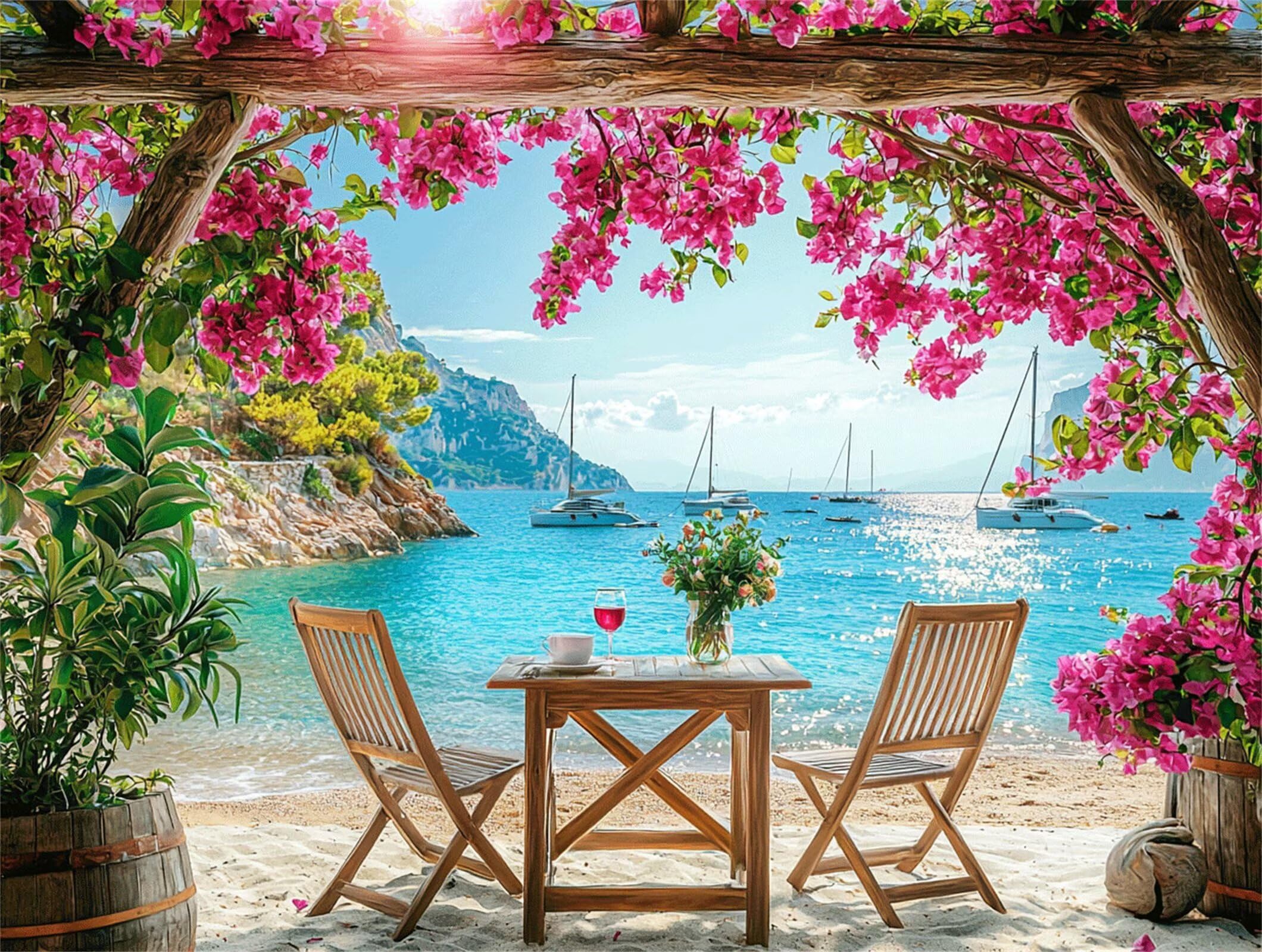 Dipingere con i Numeri Adulti Vista mare Fiori, Quadri da Dipingere Numerati per Adulti, Fai-da-Te con Pittura Acrilica, Painting by Numbers Creativo Hobby e Relax, Decora la casa 50x70cm YT6-692