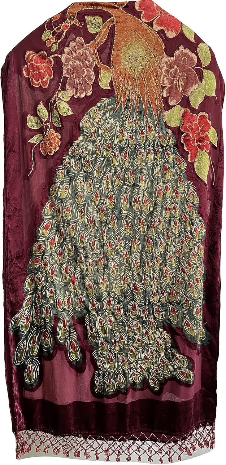 Peacock Velvet Shawl with Fringe Beaded Shawl for Women Peacock scarf Handmade Beading Indian Wraps for wome Tassel - Image 3