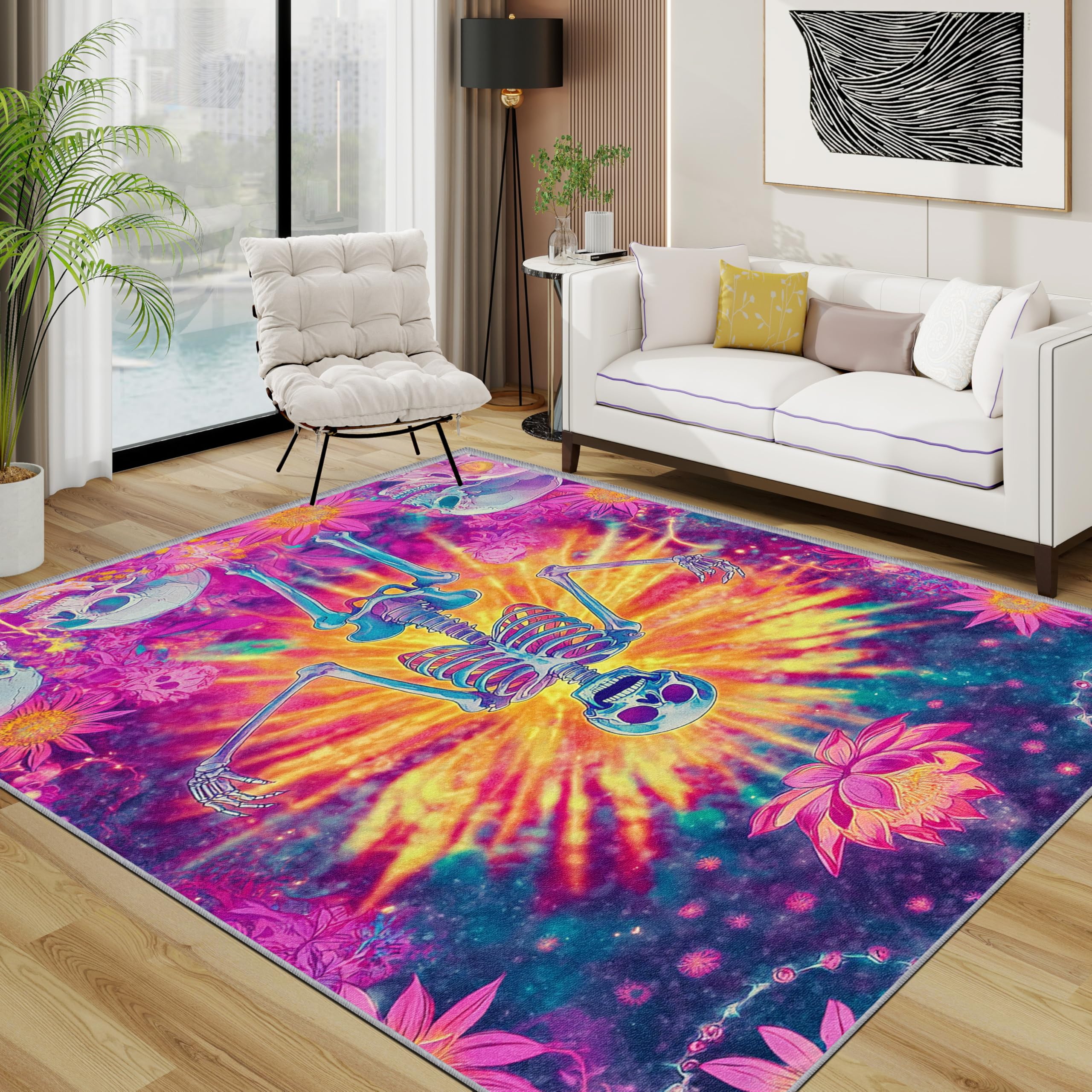 TerroVee Skull Rug - Pink Psychedelic Skeleton Small Rugs for Bedroom 50x80, Gothic Trippy Floor Mat Soft Washable Non Slip Indoor Mats, Skull Home Decor