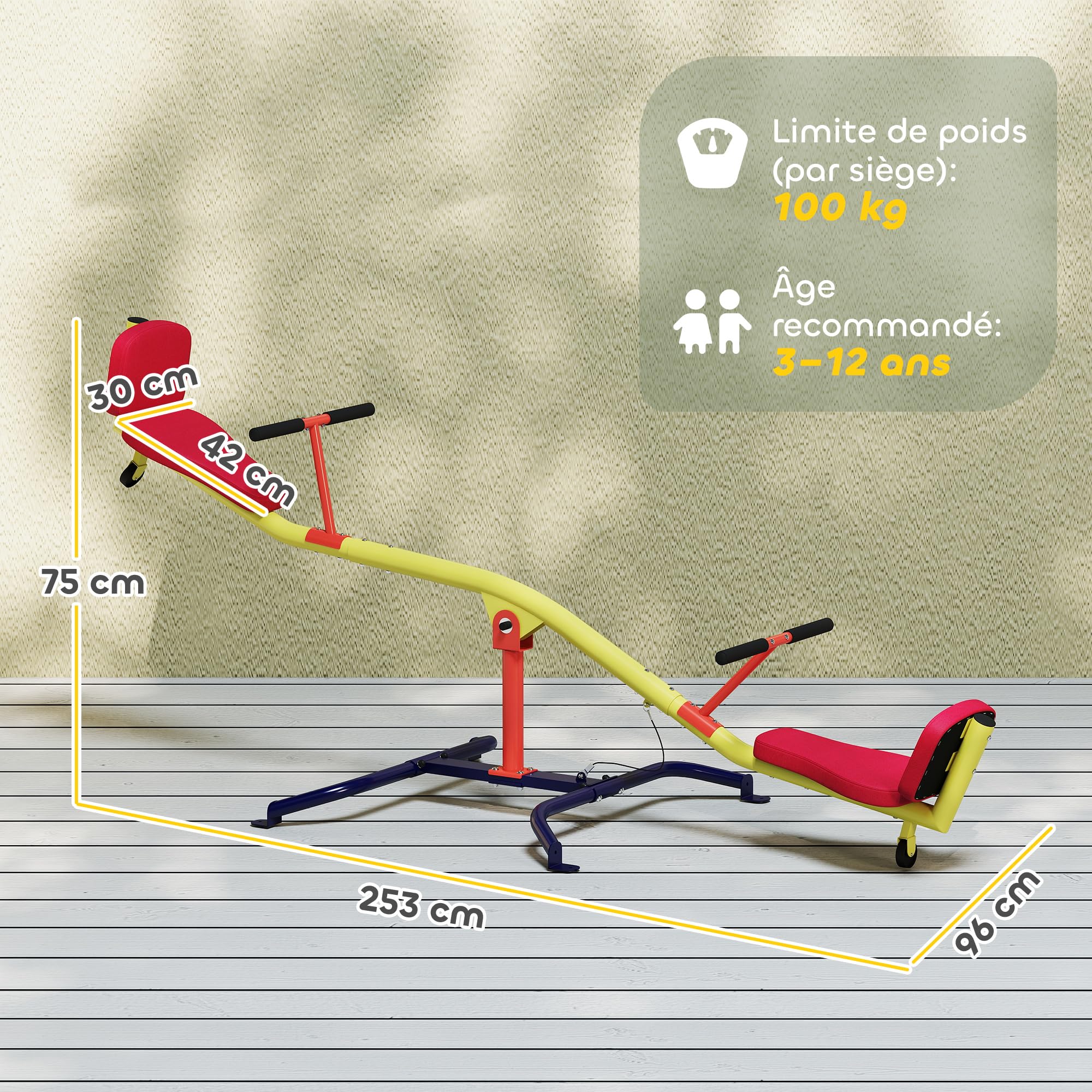 AIYAPLAY Balançoire à Bascule Enfant, trébuchet Rotatif 360°, 3 à 12 Ans | Sièges rembourrés avec dossiers, capacité 200 kg, 253 x 96 x 75 cm, multicolore