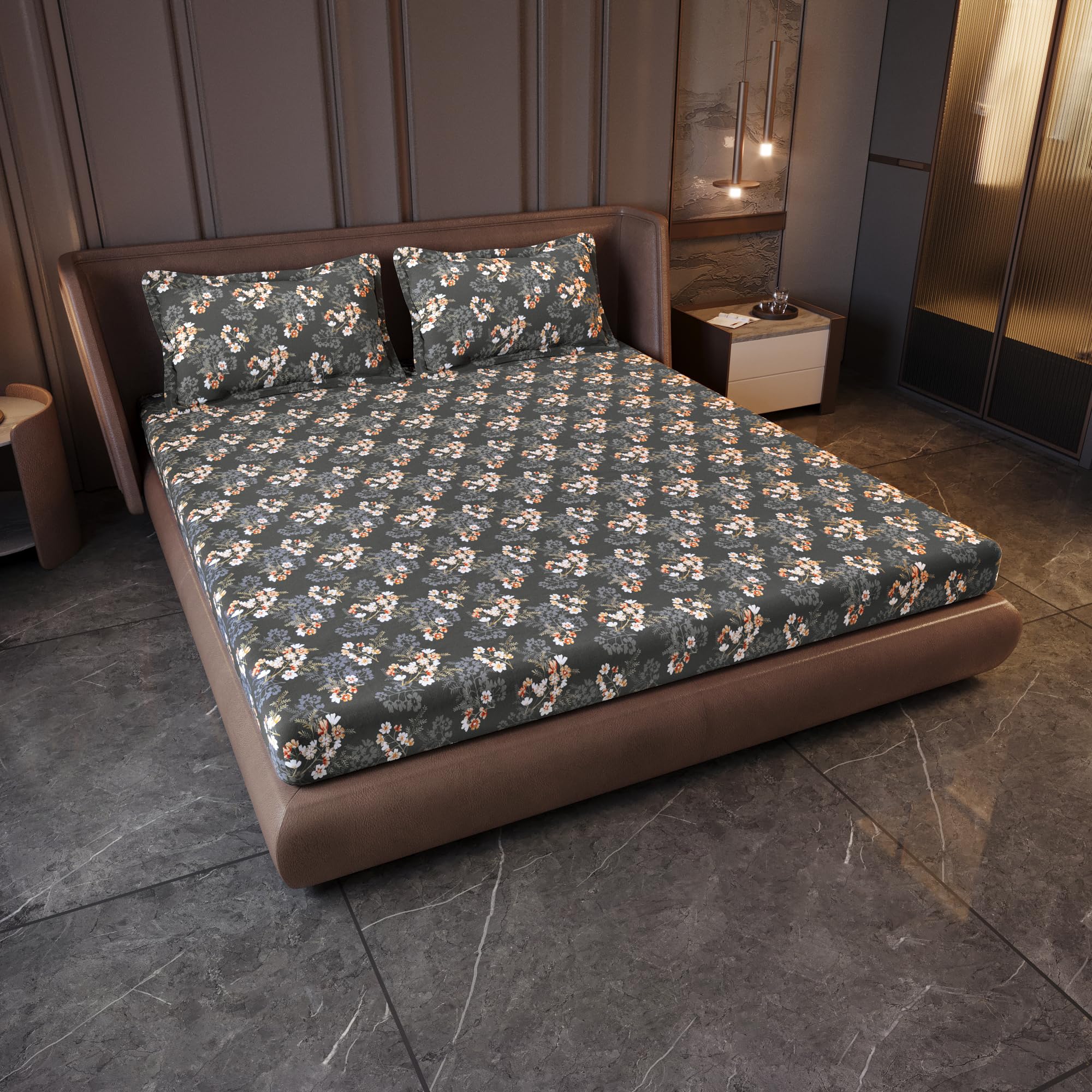 Divine Casa 144 TC Cotton King Size Bedsheet with 2 Pillow Covers | Soft Comfortable Bedsheet for King Size Bed | Breathable Printed Bedding Set | 270 x 270 cm (Graphite Shade, Floral)