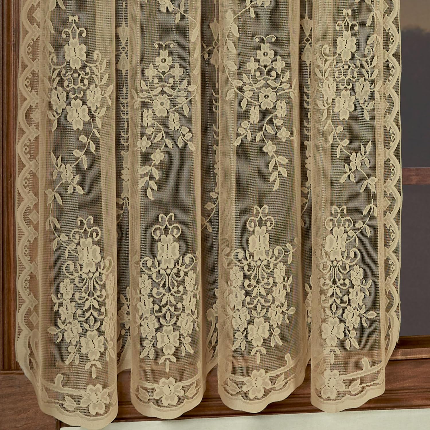 Luxury Sheer Polyester Fiona Lace Window Treatment | Beautiful Window 63L Panel Pair | Timeless Classic Traditional | Antique Gold | Elegance | Rod Pocket Curtains | Machine washable | Light Filtering