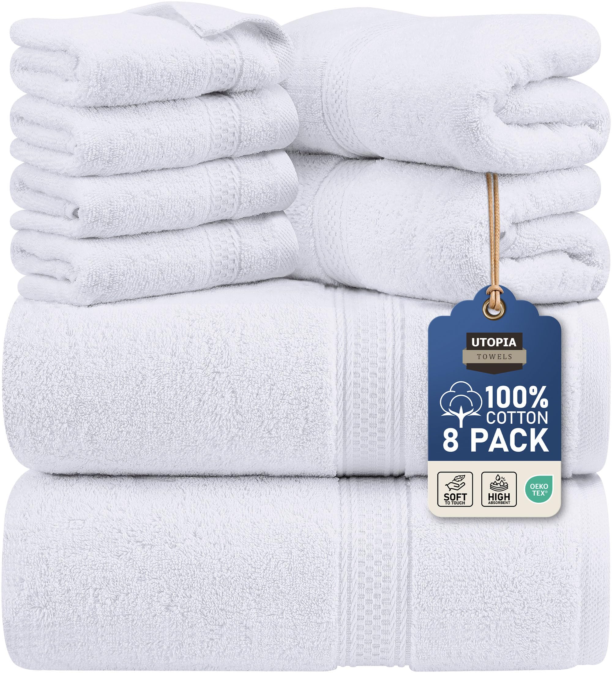 Utopia Towels 8 Piece Towel Set - 2 Bath Towels, 2 Hand Towels and 4 Washcloths Cotton Hotel Quality Super Soft and Highly Absorbent (White)