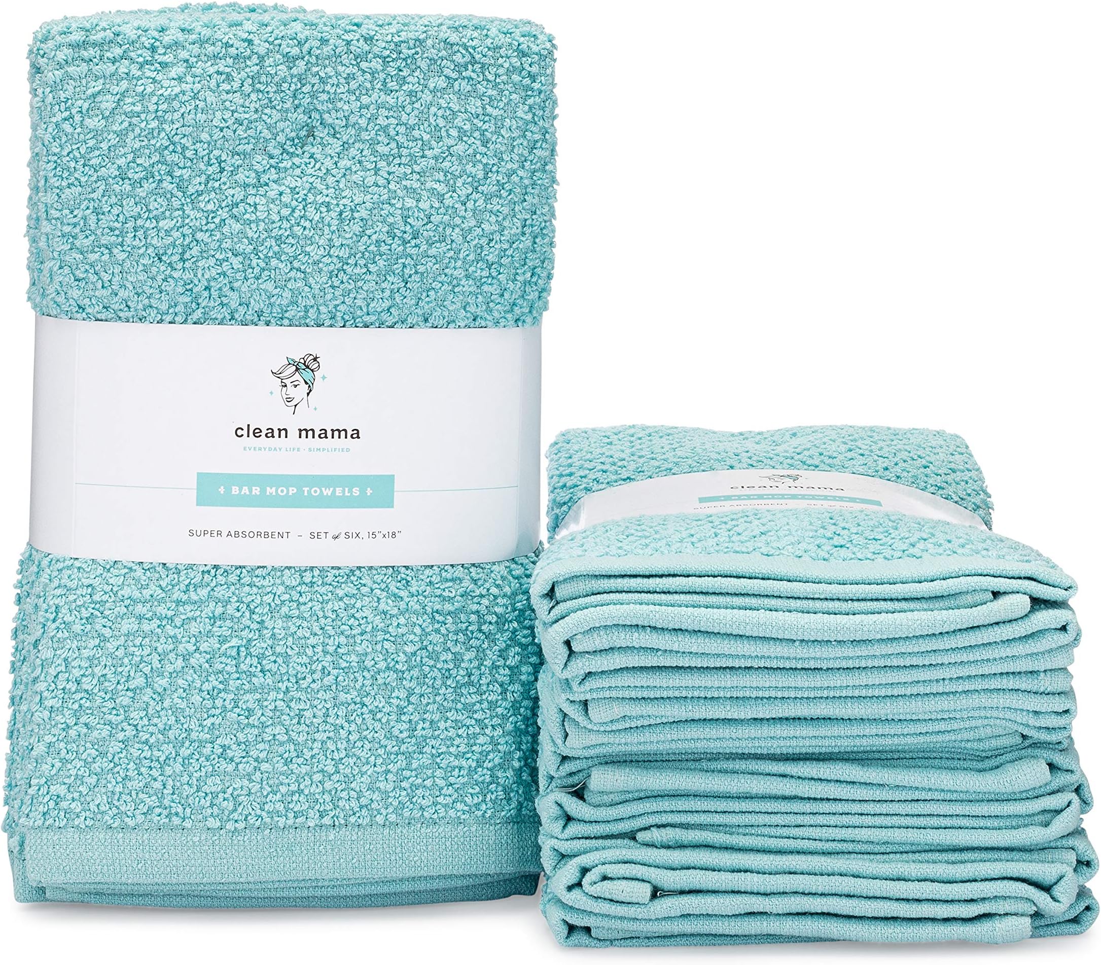 CLEAN MAMA Bar Mop Cleaning Towels, Aqua Set of 6, 100% Cotton Kitchen Utility Towels