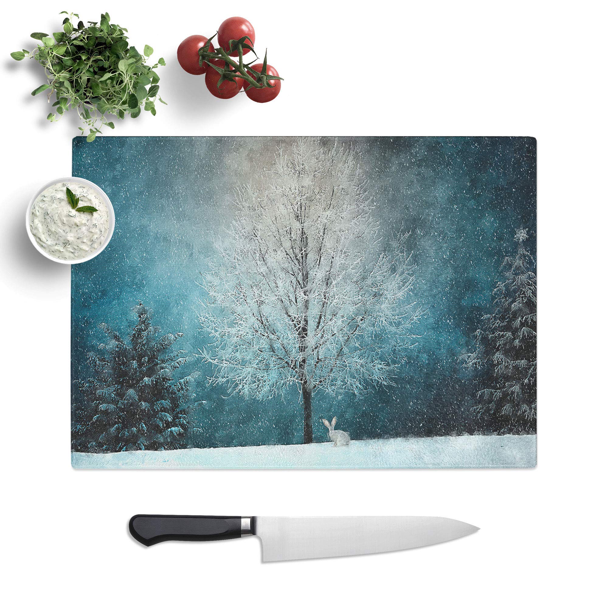 Glass Chopping Board - Hare in a Winter Forest Painting - Textured Worktop Saver Cutting Board - Heat Resistant, Shatterproof and Hygenic - 39 x 28.5 cm