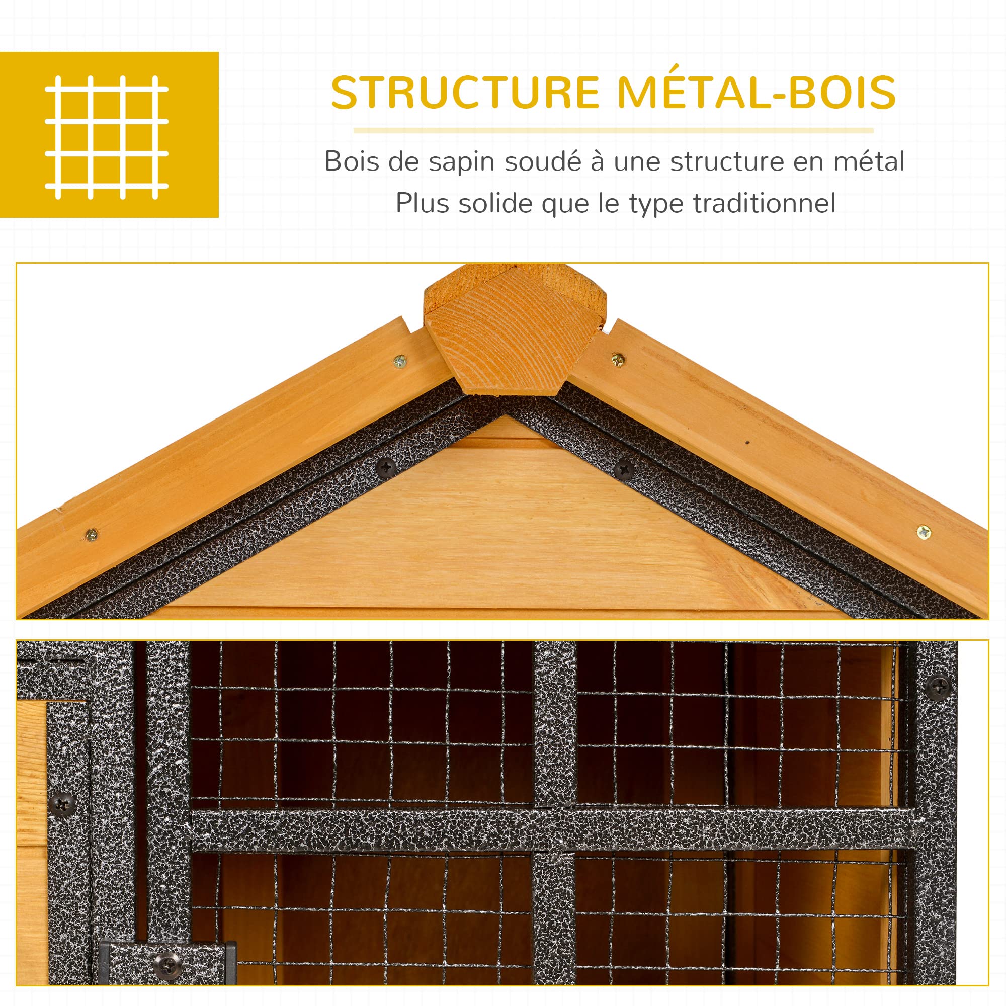 PawHut Clapier Cage à Lapins Cottage Niche supérieure - Rampe - fenêtre | Enclos Extérieur, Plateau Excrément, 2 Portes Verrouillables, Métal Époxy Sapin Pré-Huilé