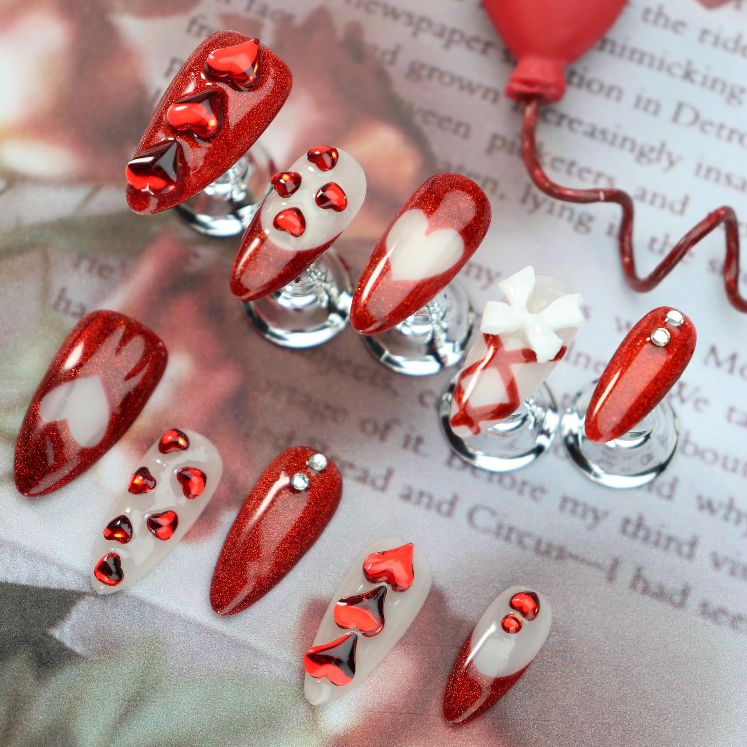 Almond Press on Nails Handmade Medium Long/Stiletto 3D Flower Fake Nail with Designs, Women Reusable False Nails (Glitter Red, M)