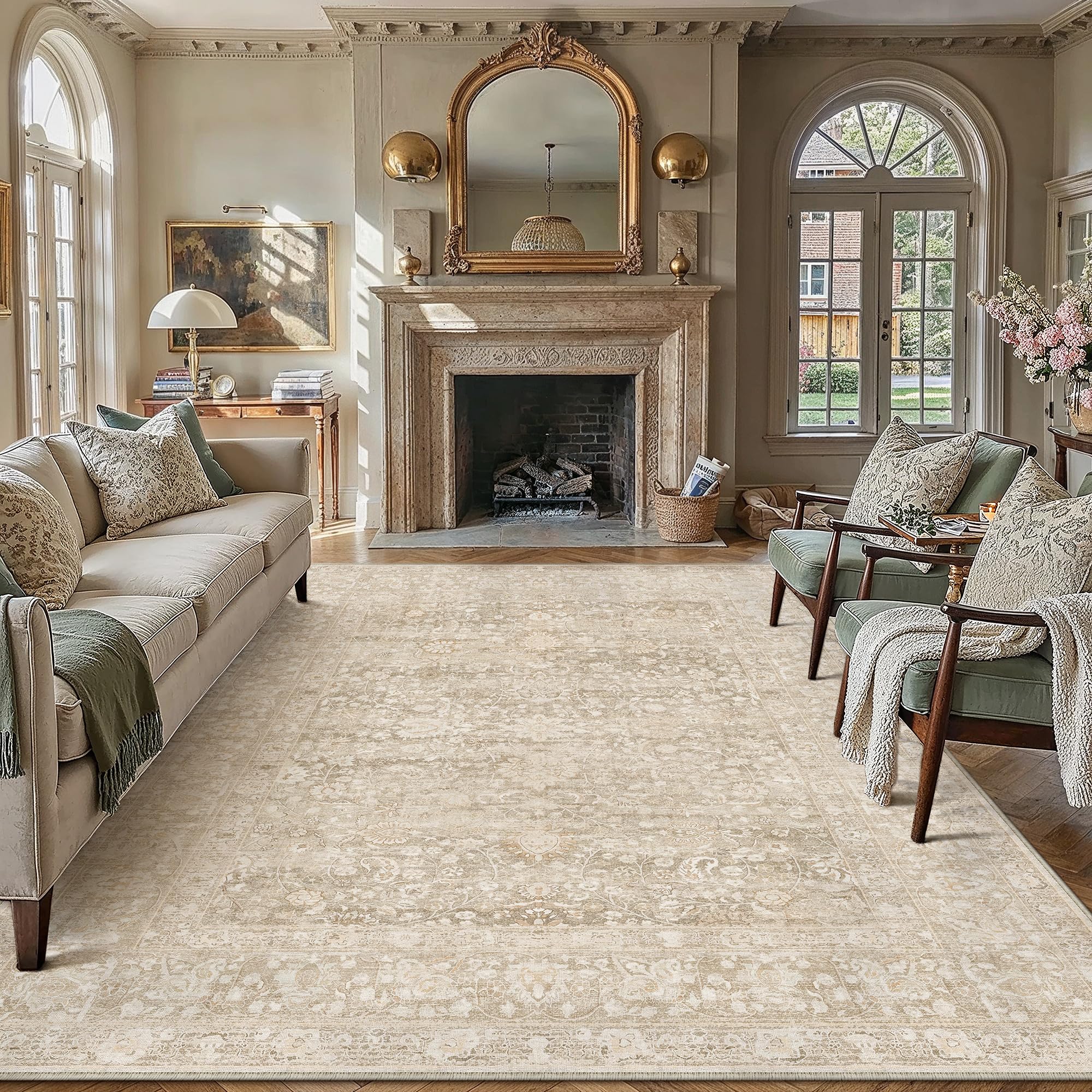 PureCozy Teppich Wohnzimmer 200x300cm Schlafzimmer Wohnzimmerteppich Waschbarer Vintage Weich Kurzflor rutschfest Creme Teppiche Esszimmer Tepich