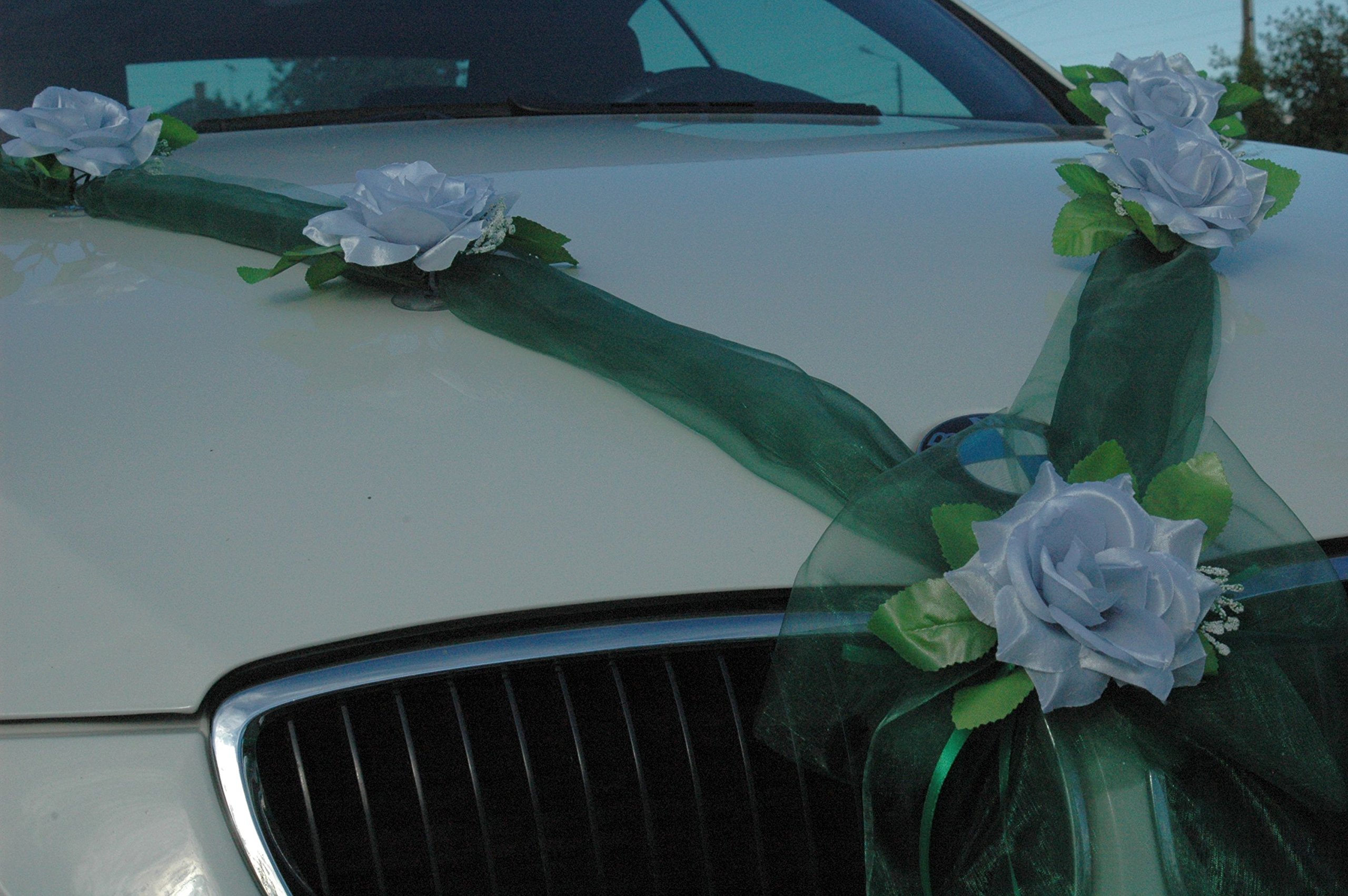 Autoschmuck Organza M Auto Schmuck Braut Paar Rose Deko Dekoration Hochzeit Car Auto Wedding Deko Girlande PKW (Silber/Grun) - Image 3
