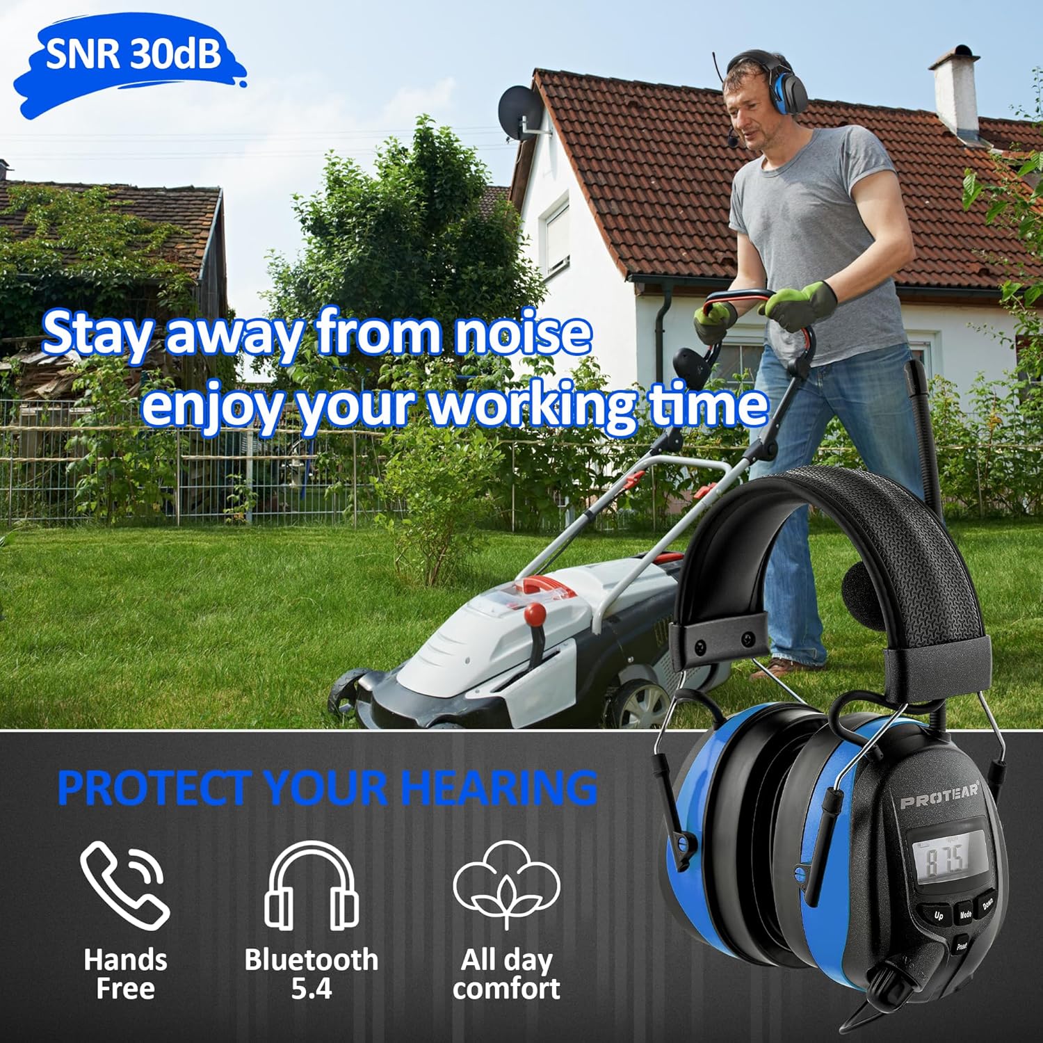 Upgraded Bluetooth 5.4 Radio Headphone with Gel Ear Pads,Ear Hearing Protection Earmuffs with Boom Mic,Rechargeable Battery,Digital AM/FM Radio Headphones for Mowing Yard Lawn Work Outdoor (Blue) - Image 7