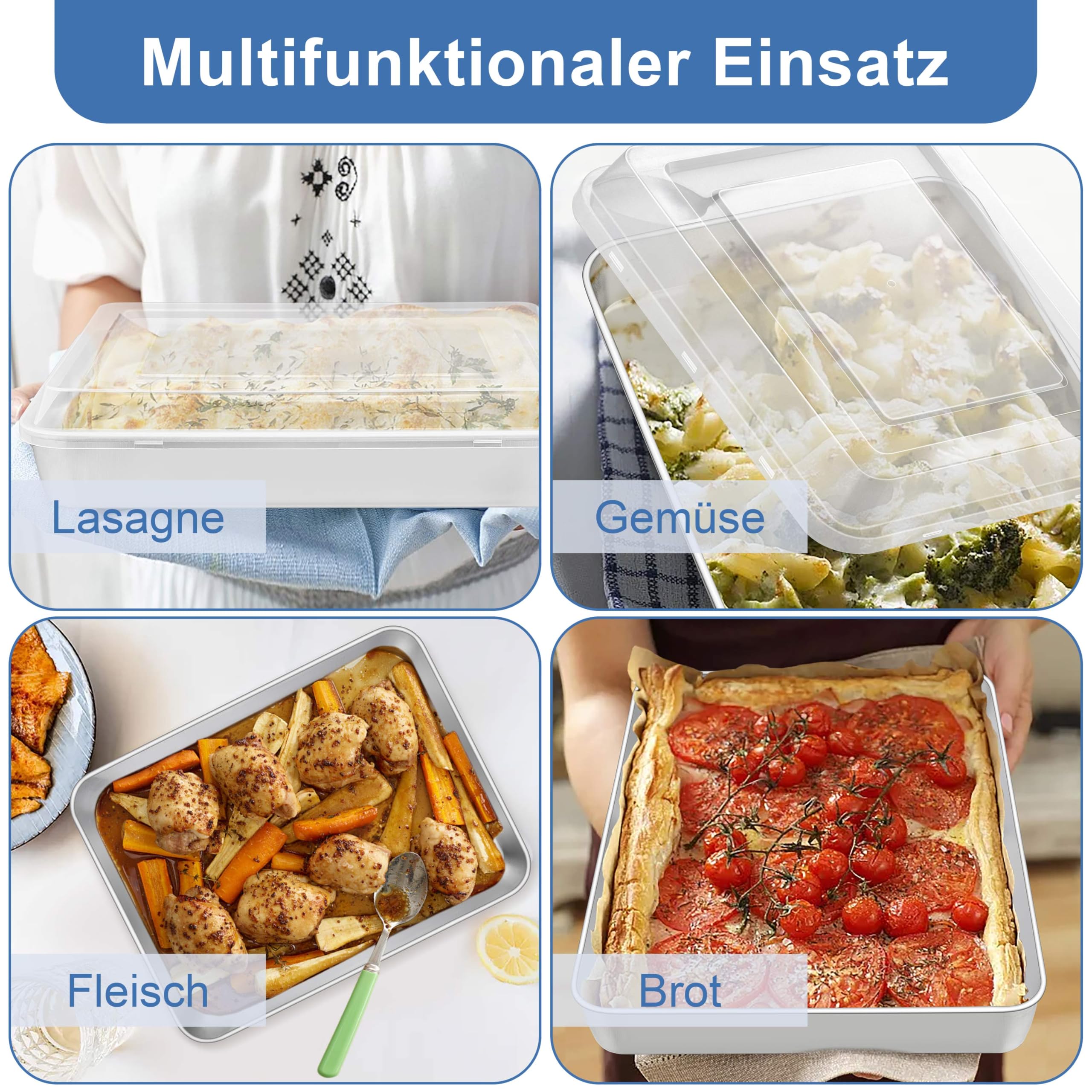 Onader Blacha do pieczenia, prostokątna forma do pieczenia ze stali nierdzewnej, z hermetyczną pokrywką, głęboka blacha do pieczenia, serwowania, nadaje się do mycia w zmywarce – 31,5 x 24,8 x 5 cm