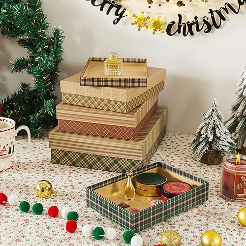 Miniatura 5 de Soul & Lane Cajas decorativas de Navidad con tapas, juego de 4, cajas de regalo navideñas a cuadros con cinta en verde y rojo, reutilizables,