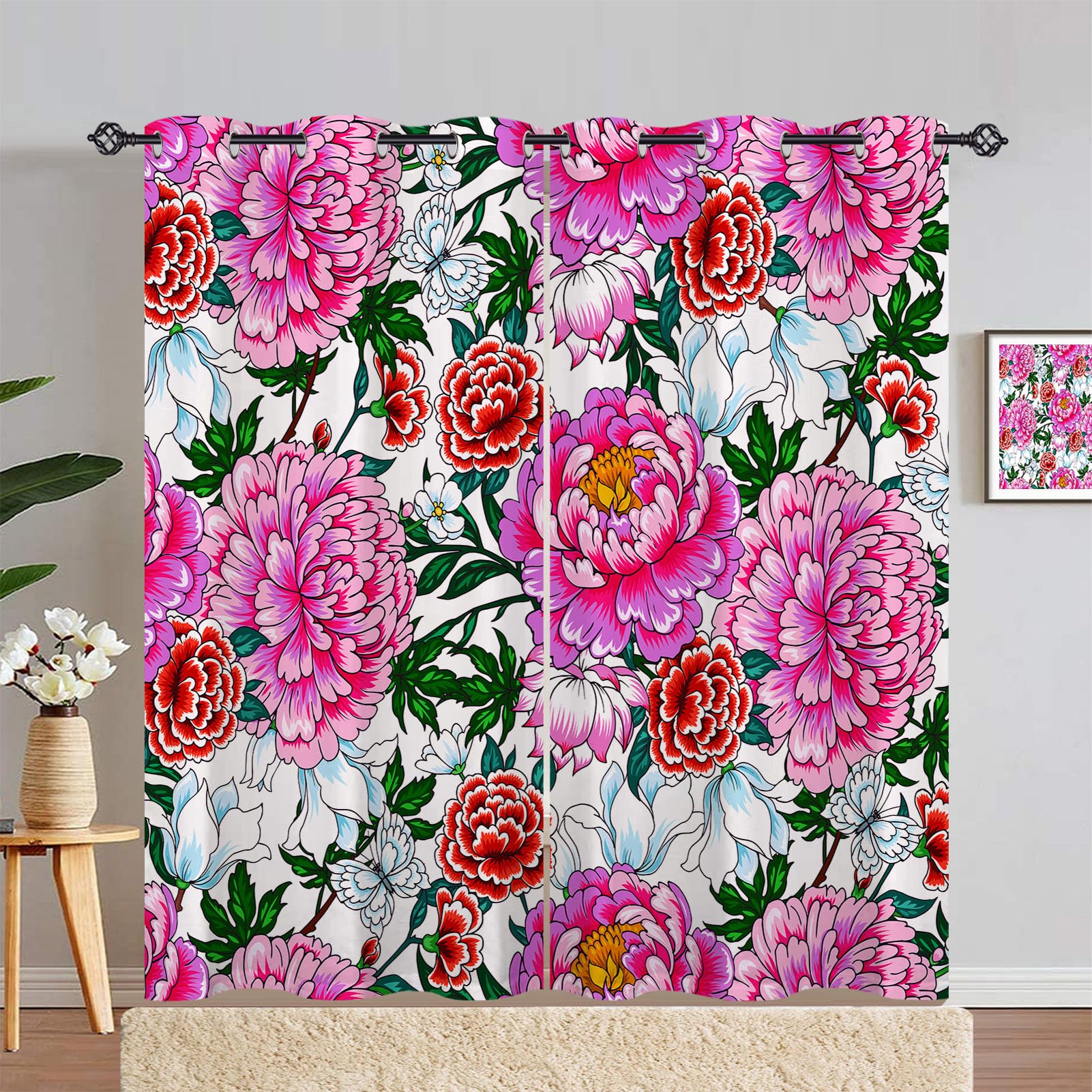 ANHOPE Flower Curtains Eyelet Soft Thermal Insulated Blackout Curtains Chinese Style Floral Print Pattern Ring Top Light Blocking Drapes for Girls Bedroom Living Room 66 x 90 Inch 2 Panels โ image 1