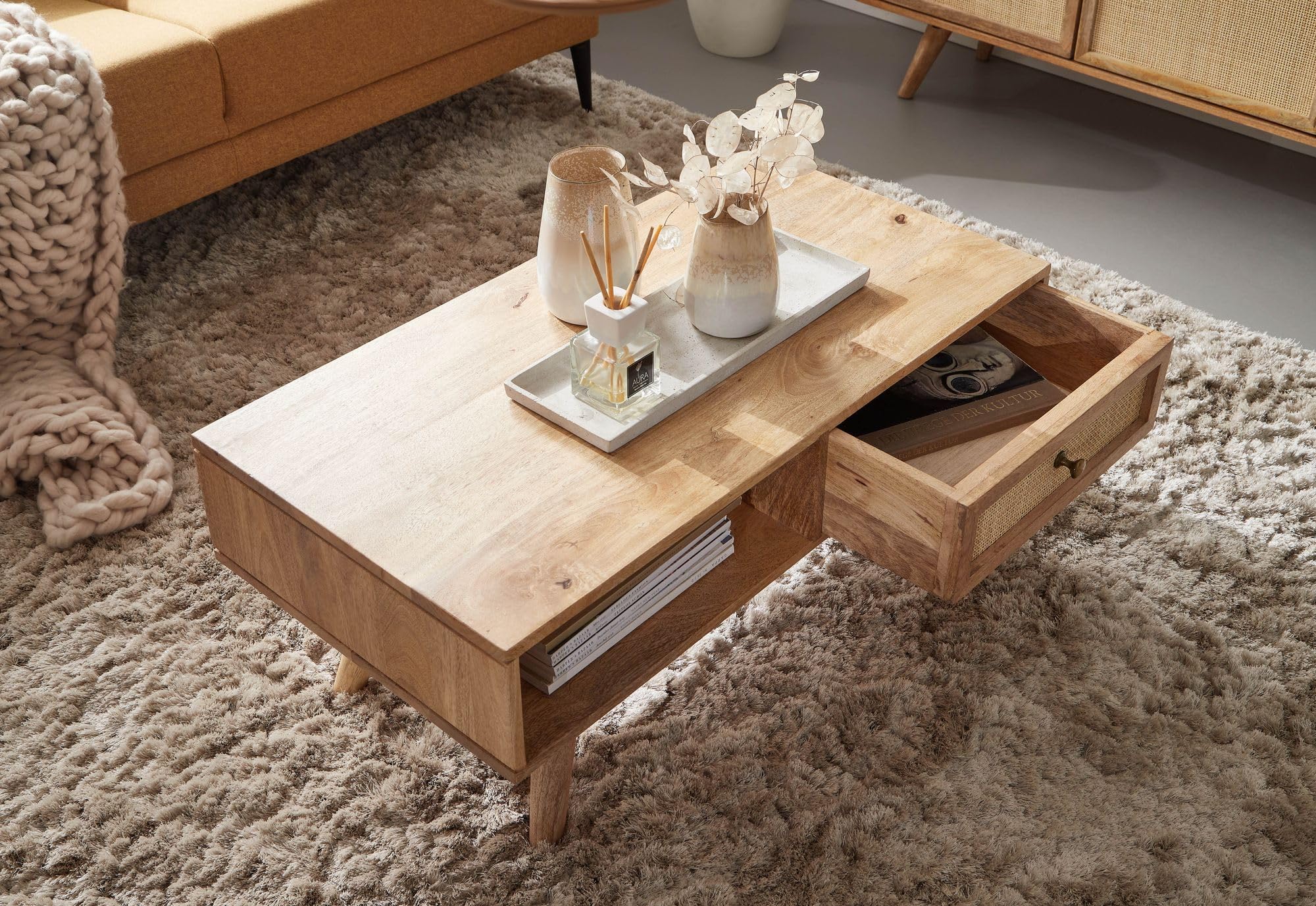 FineBuy Mesa de Centro 90x40x45 cm Mesa de salón de Madera Maciza de Mango Rectangular | Mesa de Madera con Espacio de Almacenamiento | Mesa de Centro con cajón | Mesa de salón Maciza