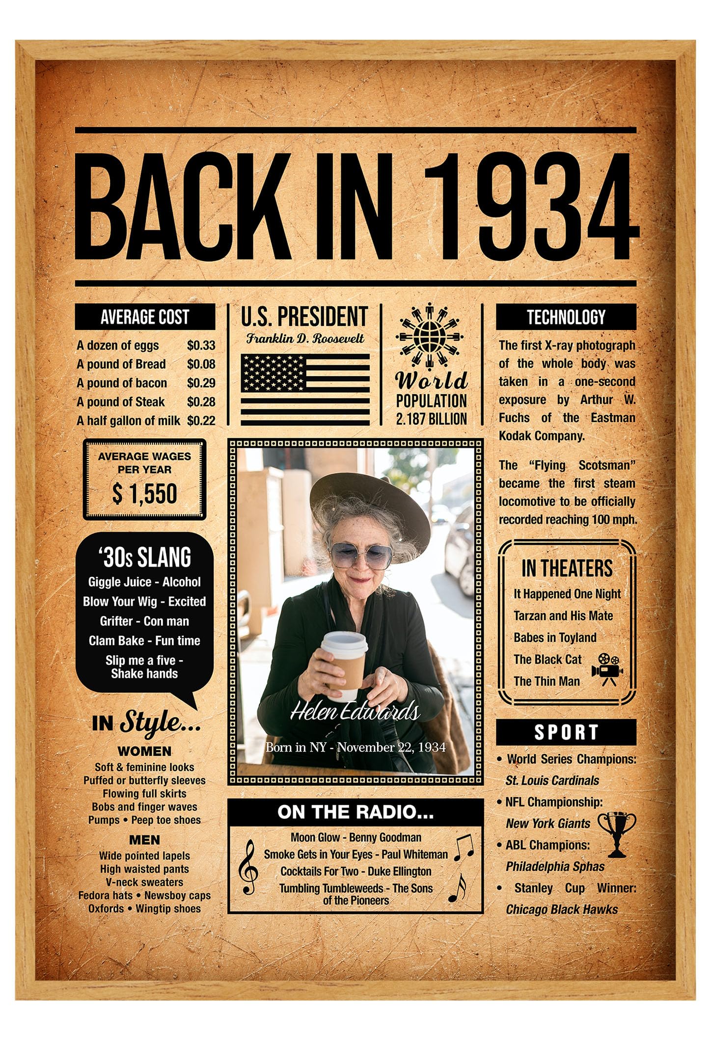Amazon.com: Back in 1934 Poster Sign, Personalized Birthday
