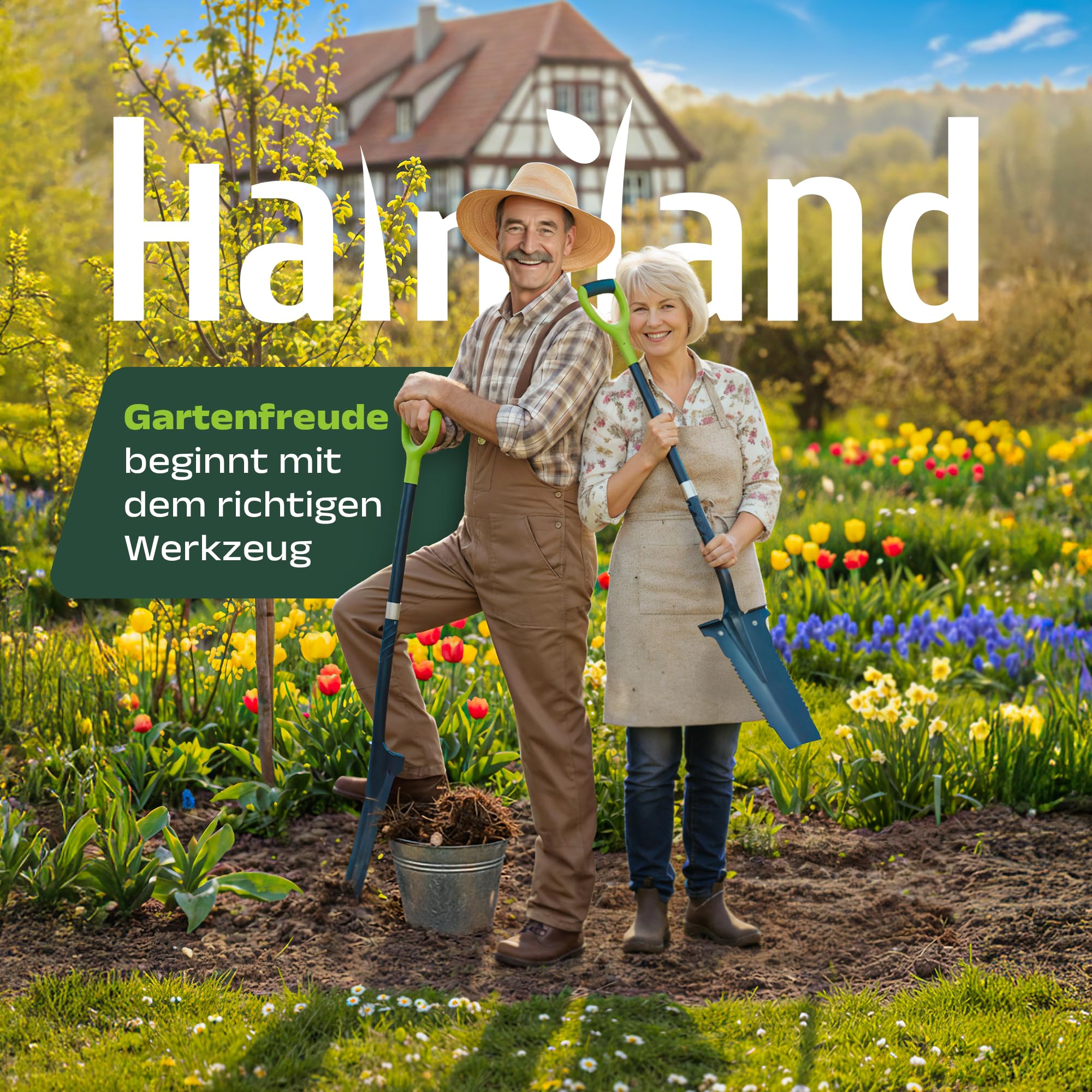 halmland® Profi Wurzelspaten mit Spezialspitze auch für Harte Böden - durchtrennt Wurzeln | Spaten mit Wurzelsäge | robuster Spaten Garten aus Carbonstahl & Fiberglas | Schaufel für Gartenarbeit