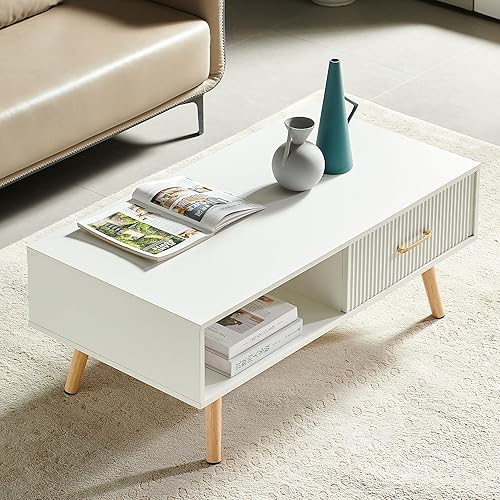 Miniatura 27 de Mesa de centro de madera de 41.3 pulgadas con almacenamiento, mesa de sofá central rectangular moderna con panel de puerta deslizante de ratán de