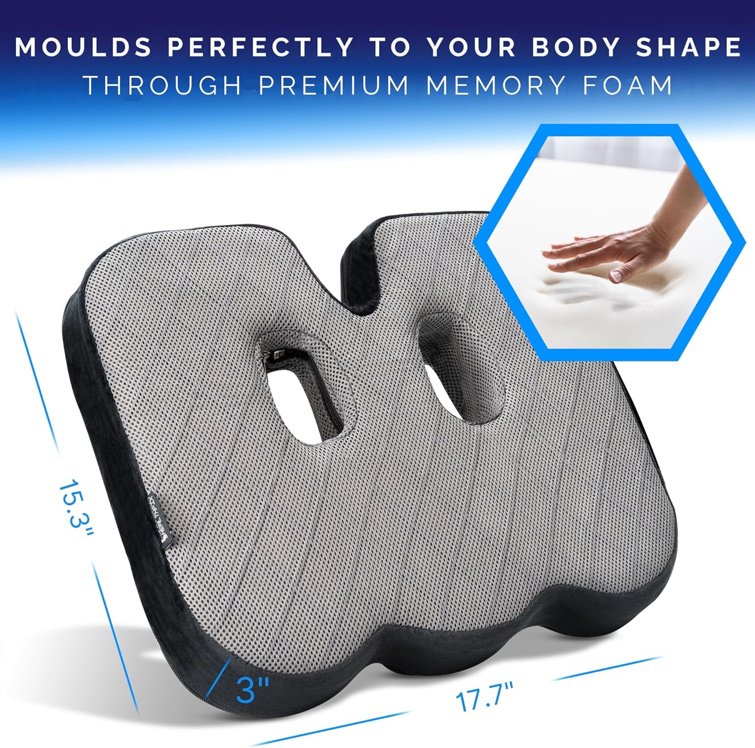 Healthfix® Memory Foam Seat Cushion for Office Chair – Orthopedic Coccyx Pillow for Tailbone & Sciatica Pain Relief – Premium Comfort Chair Pad with Washable Cover and Non-Slip Bottom (Firm)
