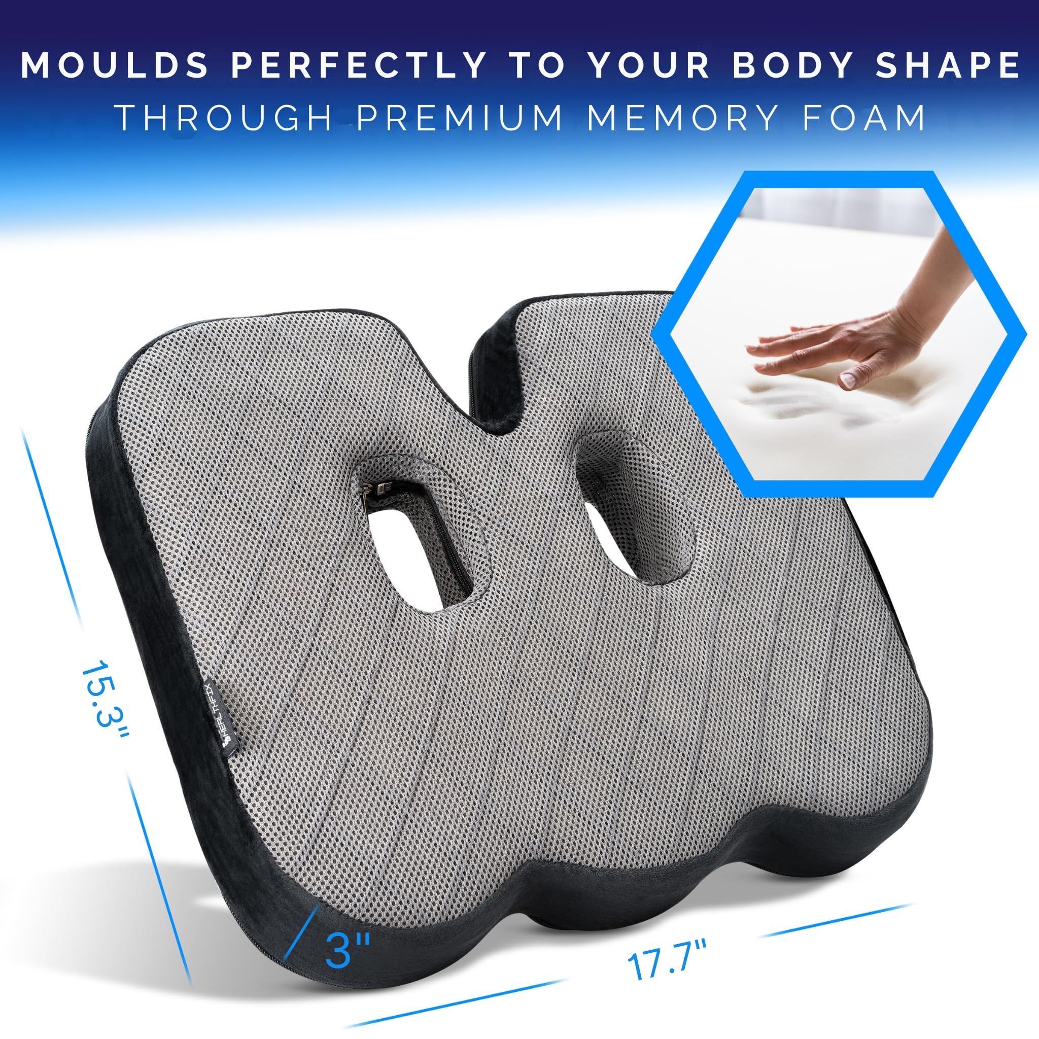 Healthfix Ortopedyczna poduszka do siedzenia do biura, samochodu i innych miejsc – ergonomiczne siedzenie z pianki memory z funkcją odciążającą kość ogonową i kości siedziska (stała (85-135 kg)