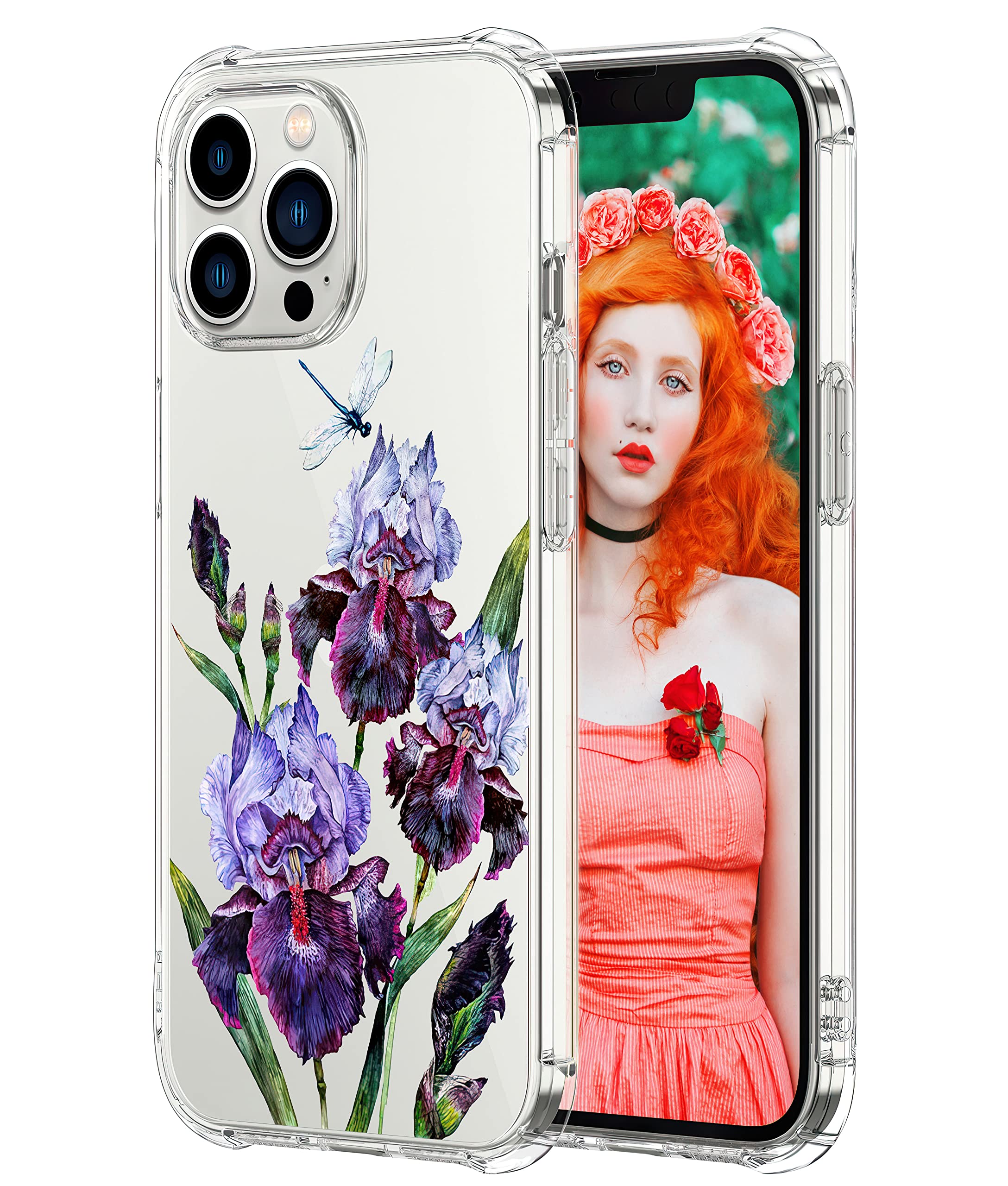 Elightvap Compatible with iPhone 13 Pro 6.1 Inch 2021 Release,Clear Vintage Watercolor Iris Dragonflies Designed for Girls and Women, Ultra-Thin Shockproof Airbag Protection TPU Phone Case