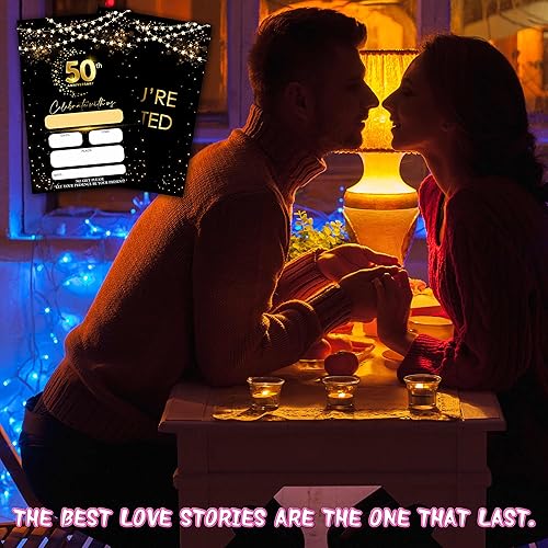 Miniatura 6 de Tarjetas de invitaciones de 50 aniversario, invitaciones de aniversario de boda con purpurina negra y dorada con sobres, tarjetas de invitaciones