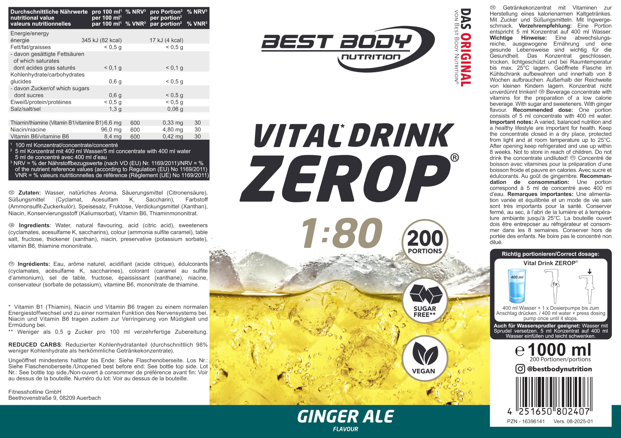 Best Body Nutrition Vital Drink Zerop (1000ml) Ginger Ale - Intra- & Post-Workout - Intra-Workout – Ansicht 6