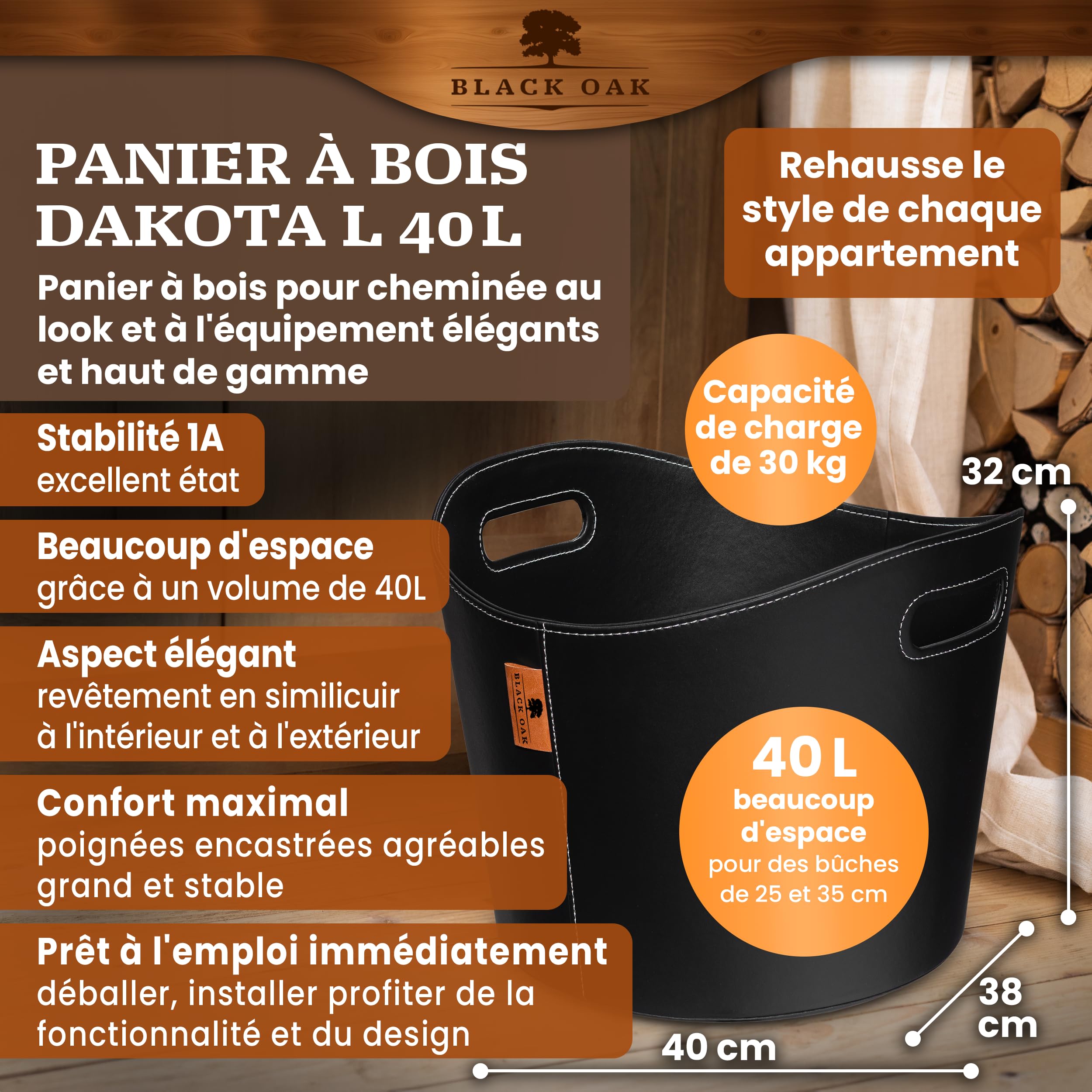 BLACK OAK DAKOTA L 40L Panier pour bois de cheminée en cuir synthétique noir - Capacité de charge 30kg - 40 litres 40x38x32cm - Panier pour bois de cheminée en bois Sac pour bois de chauffage Panier