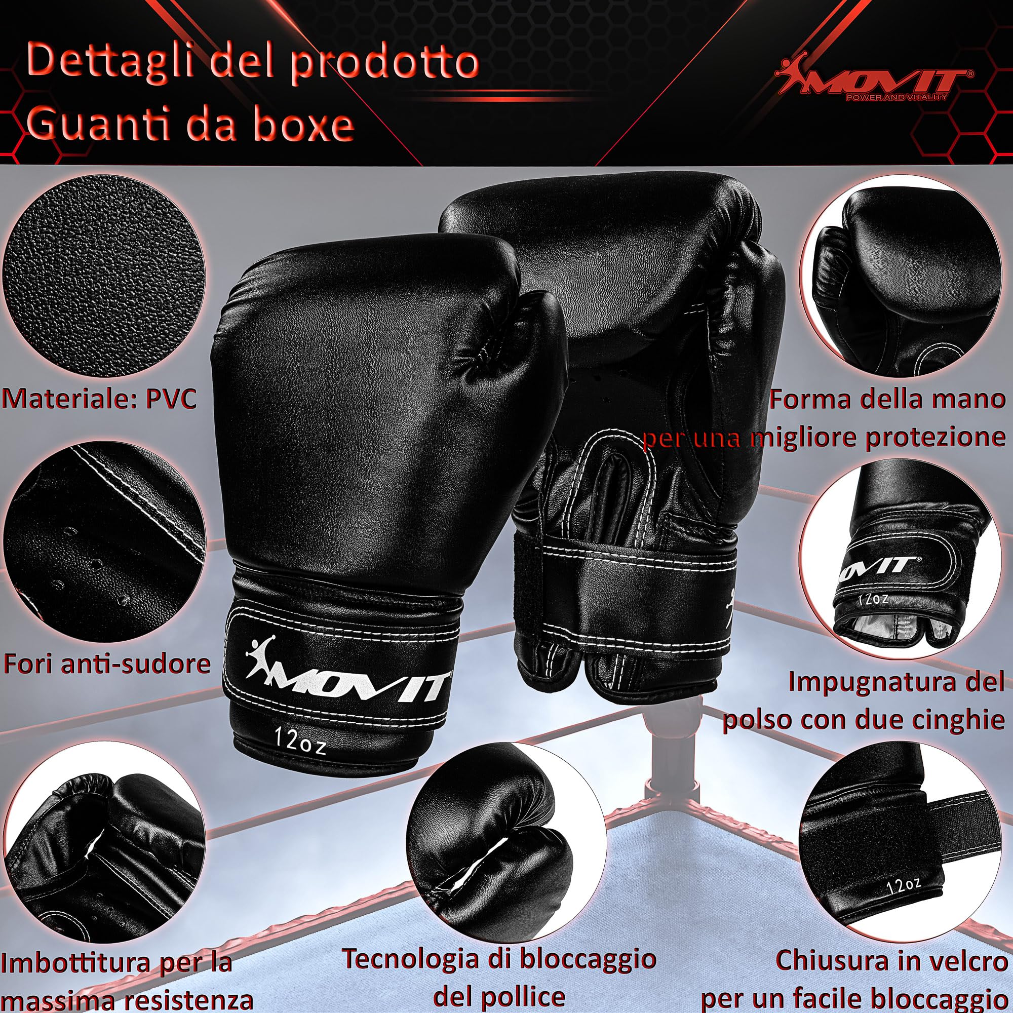 MOVIT Set Sacco da Boxe - 25kg, in PVC, Riempito, Altezza Sacco 80cm, Guantoni da Boxe, Bende, per Adulto, Nero o Bianco - Kit Pugilato, Allenamento Arti Marziali, Kick Boxing, MMA, Fitness