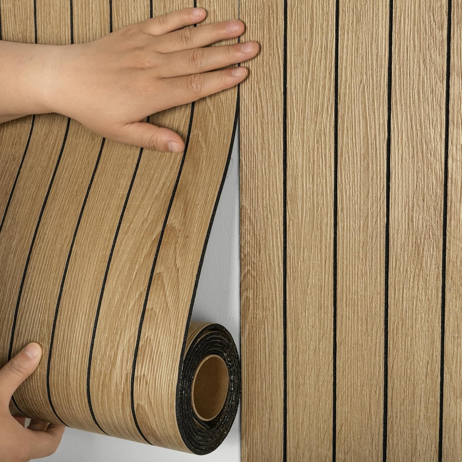 Abyssaly PVC Peel and Stick Wall Panels, 236"x15.7" Faux 3D Wood Slat Wallpaper, Soundproof Waterproof Self-Adhesive Paneling, Thickened Wood Grain Wall Decor for Living Room Bedroom Kitchen (Brown)