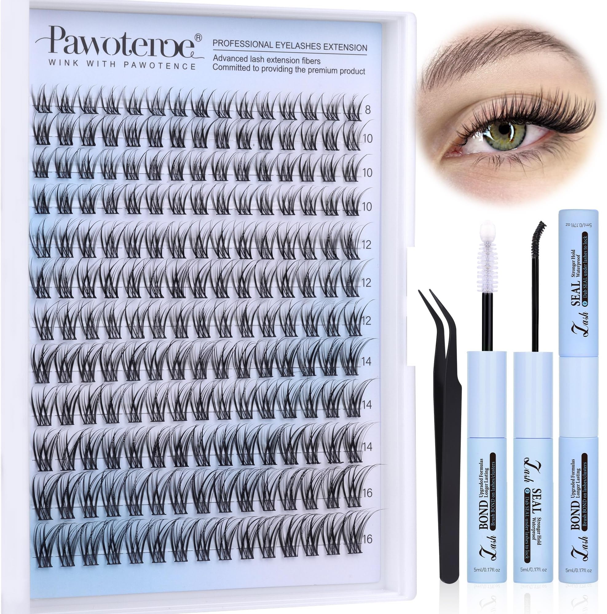 Pawotence Lash Clusters Kit Wispy Lash Extension Kit Natural 180pcs Cluster Eyelash Extensions Kit Individual Lashes 8-16mm Eyelash Clusters Kit with Lash Cluster Bond Seal and Lash Tweezers