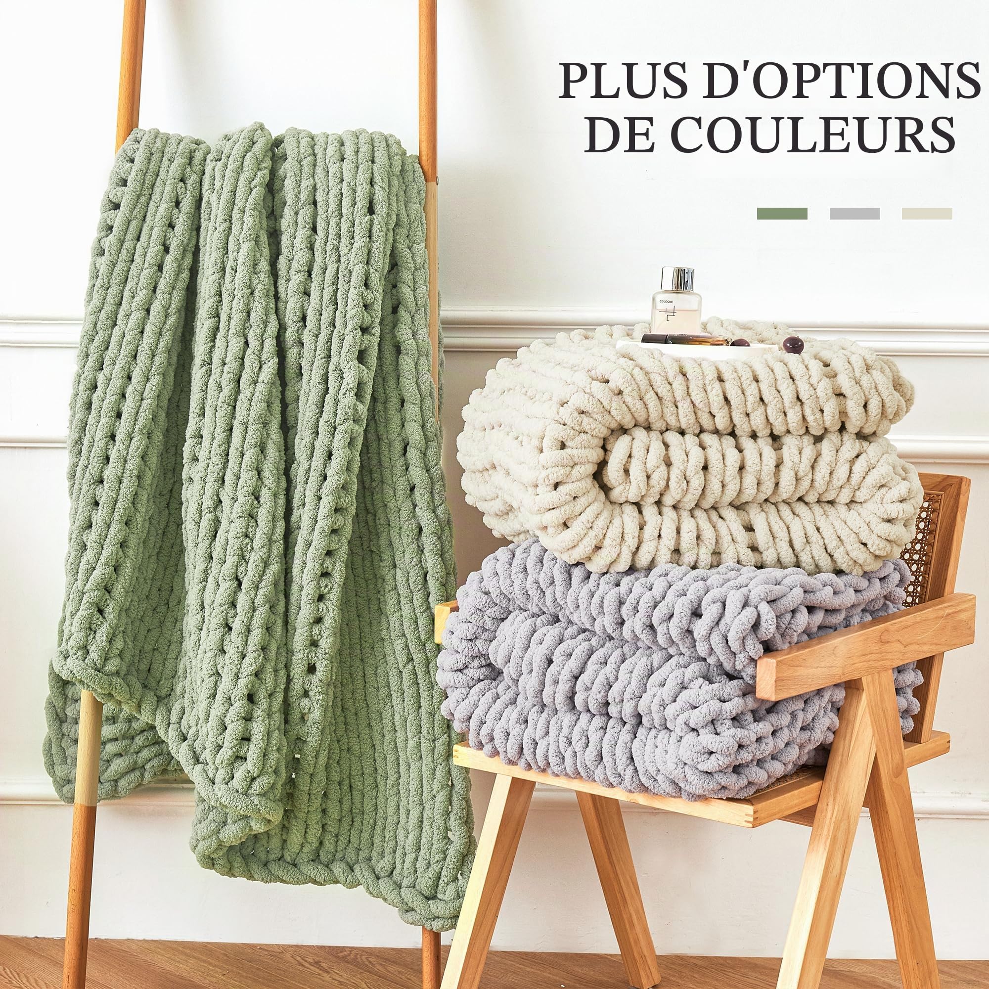 Admitrack Couverture en Tricot épais, 100% Chenille tricotée à la Main pour canapé et décoration d'intérieur, Douce et Confortable, Vert Sauge, 129,5 x 160 cm