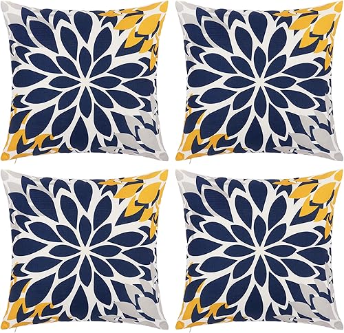 Juego de 4 fundas de almohada decorativas de lino con estampado floral azul de 20 x 20 pulgadas, para exteriores e interiores, fundas de almohada