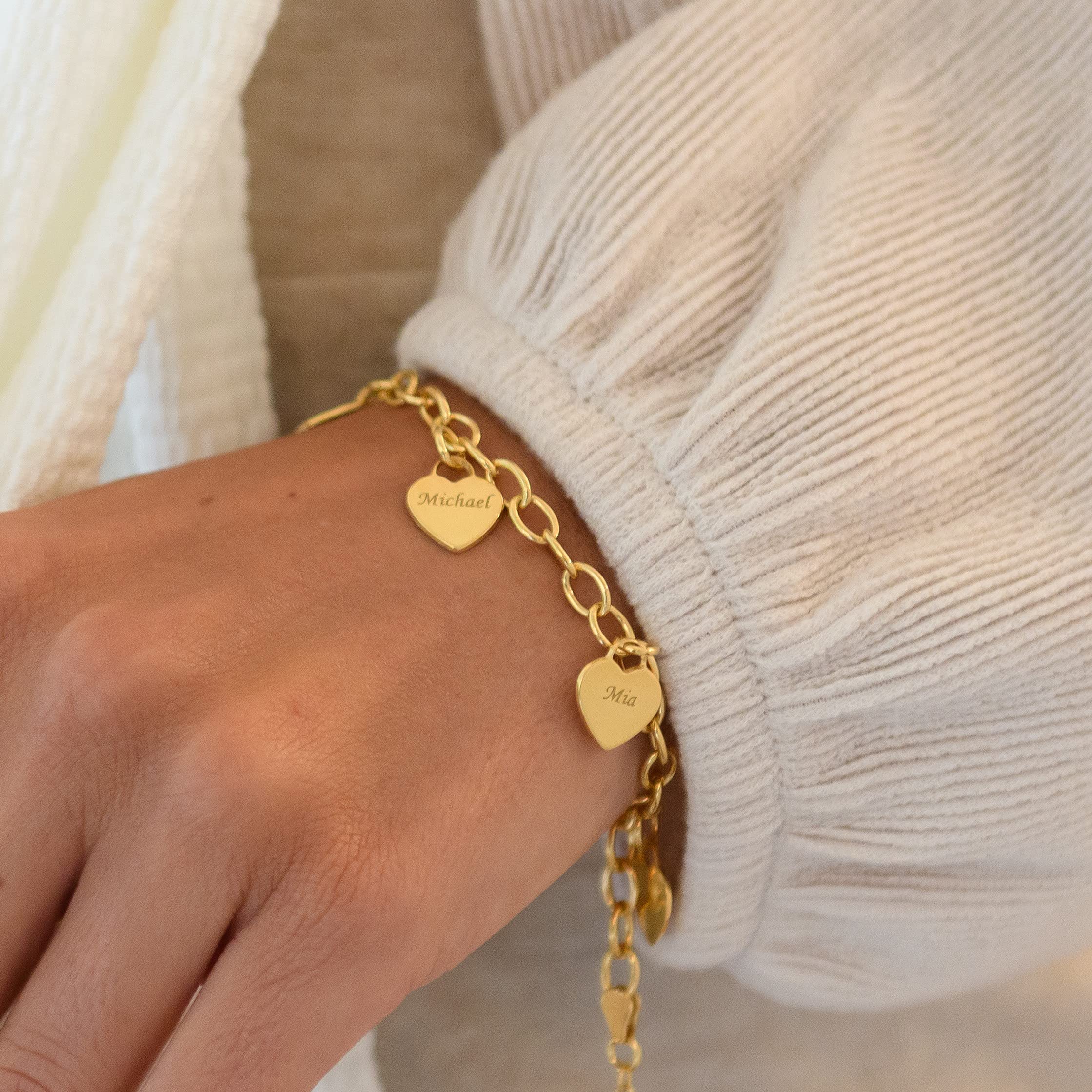 MYKA – Personalisiertes Büroklammer-Armband mit Gravierten Baumelnden Herzform-Anhängern in Sterlingsilber 925 oder Vergoldet