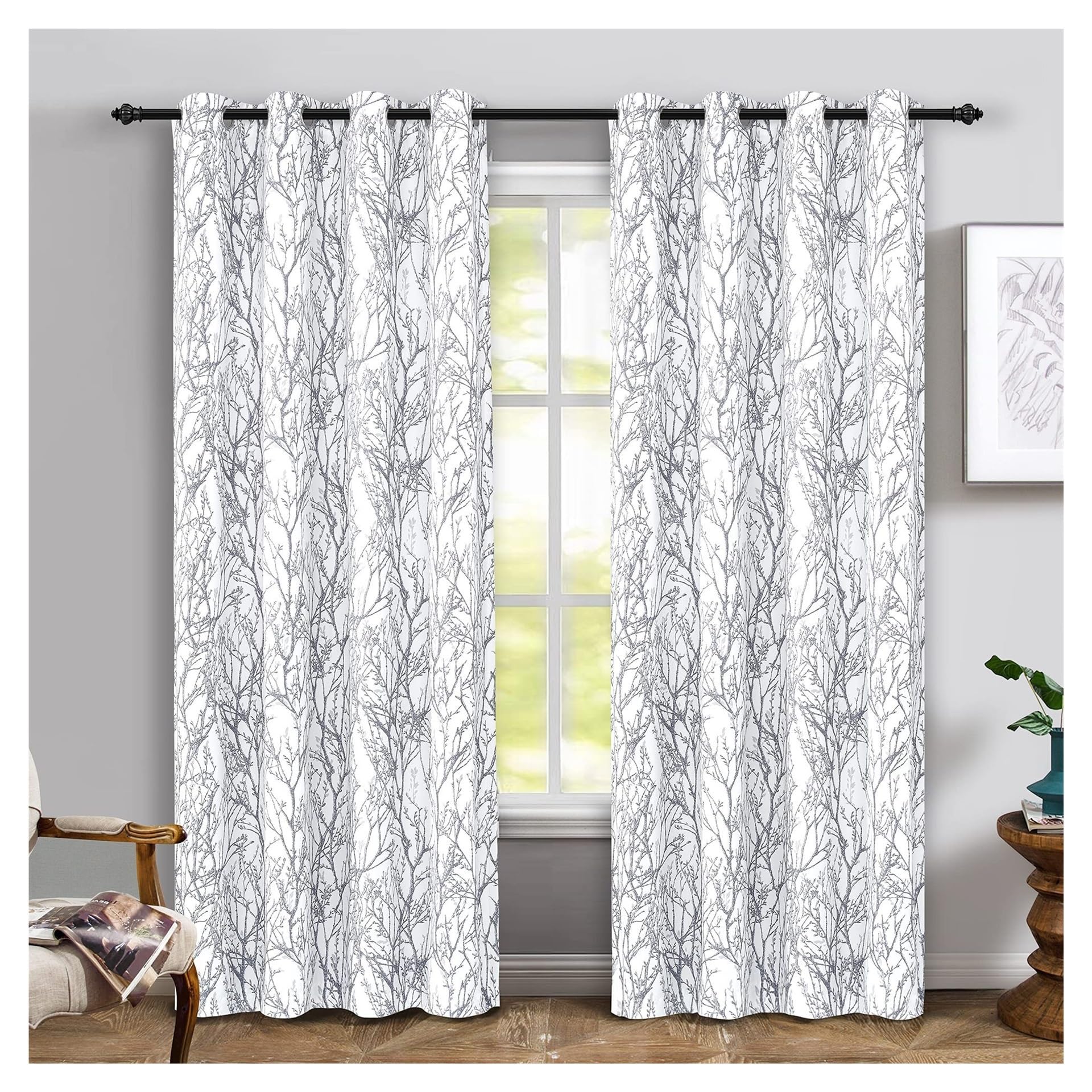 ESHDGFYB Outdoor Curtains, Grey Tree Branch Outdoor Curtains, Sun Blocking Grommet Outside Curtain Weighted Drapes for Gazebo Porch Pergola, 2 Panels(Whiet,52in*96in)