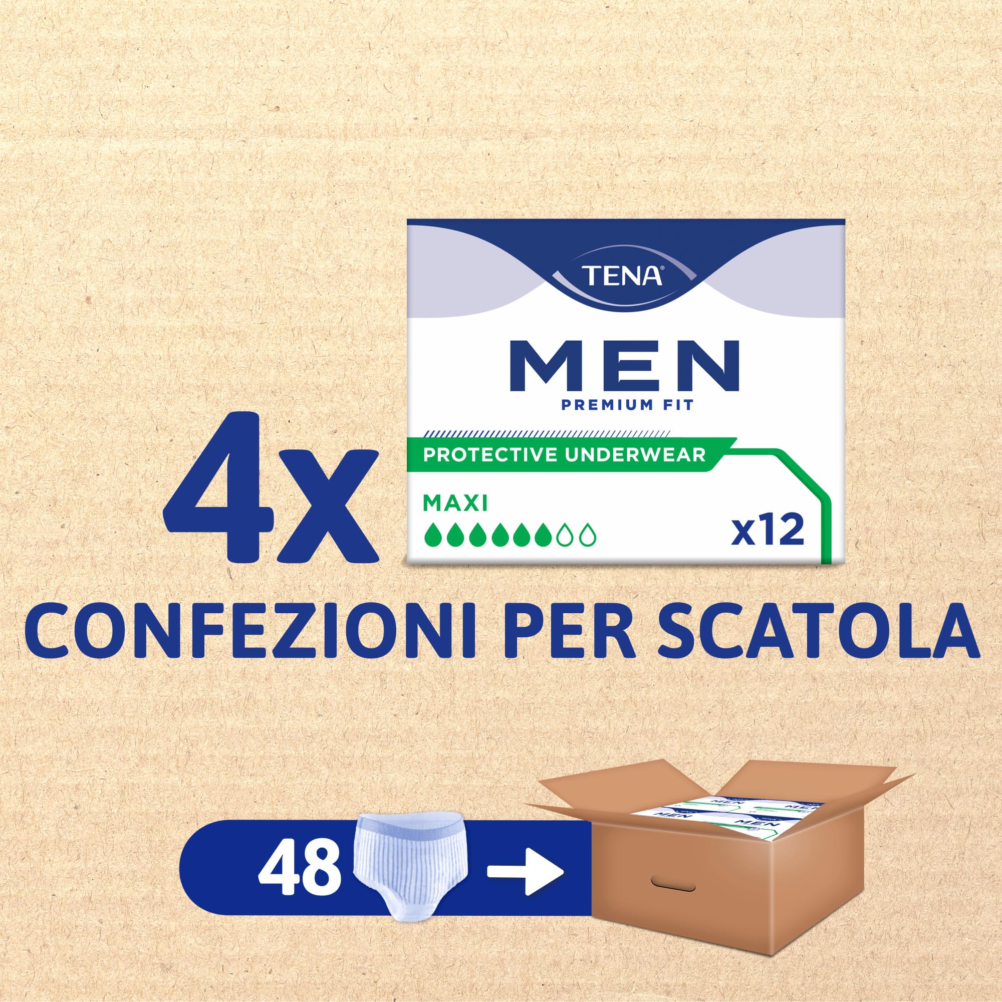 TENA MEN Premium Fit Protective Underwear, Livello di protezione 4, Pacco Scorta Mensile, Boxer Assorbenti per Perdite Urinarie, Elasticizzati, Monouso, per Uomo, 4 conf. x 12 Pezzi, M
