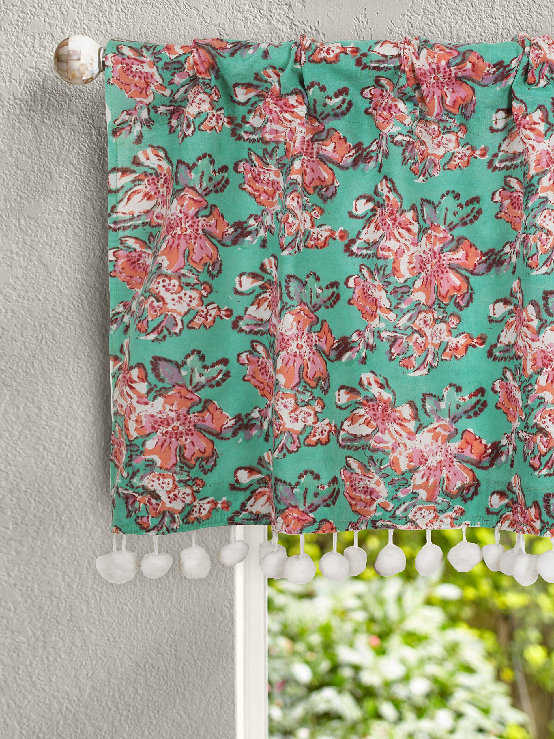 Ravaiyaa - Attitude is everything Floral Hand Block Printed Half Window Kitchen Curtain 100% Cotton Short Drapery Valance Curtain for Kitchen/Laundry Room/Studio 40" X 18" Inch (Sea Green)