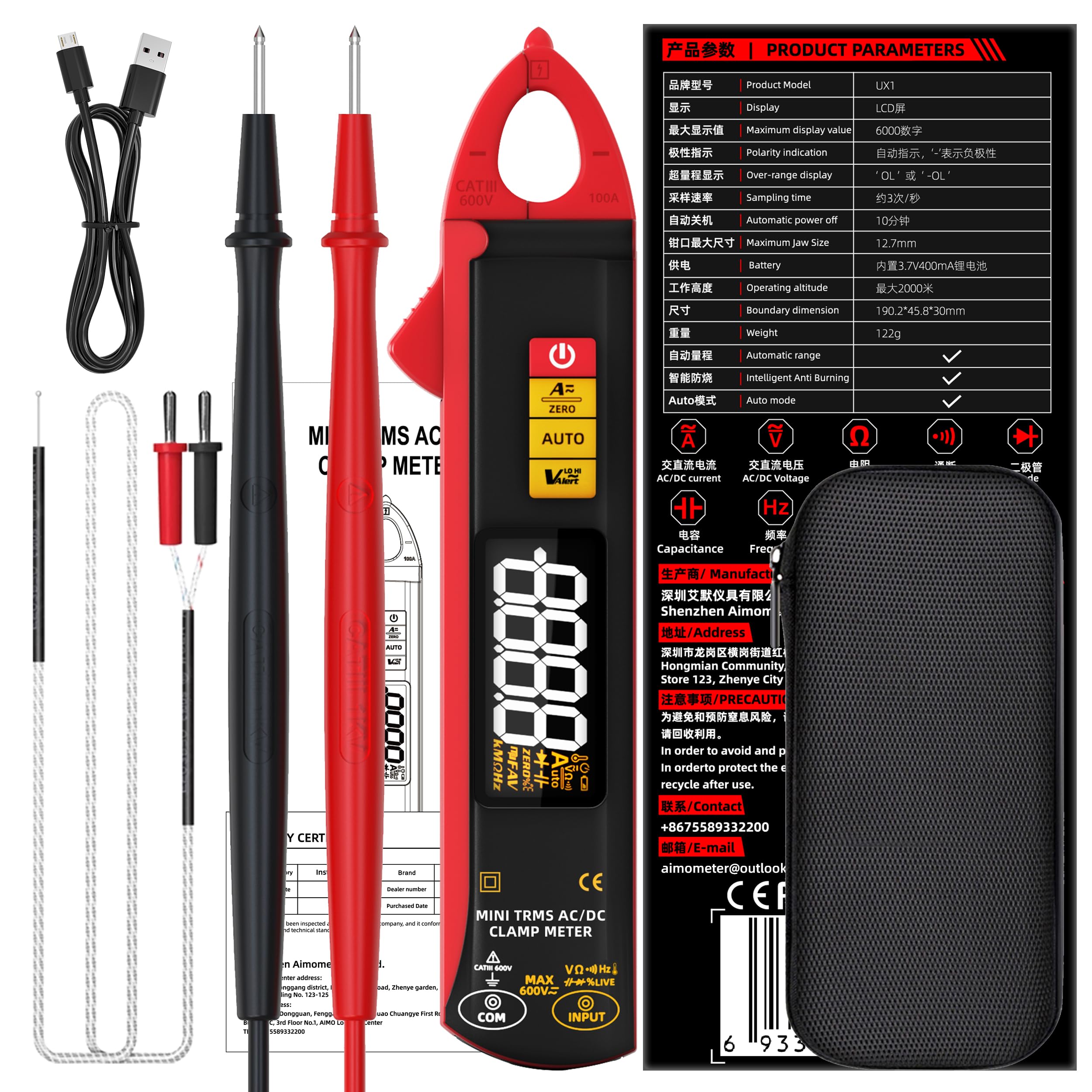BSIDE UX1 - Pinza di corrente 1 mA DC AC, multimetro amperometro DC AC, amplificatore 6000 conteggi, voltmetro digitale, capacità temperatura, resistenza, tester di tensione