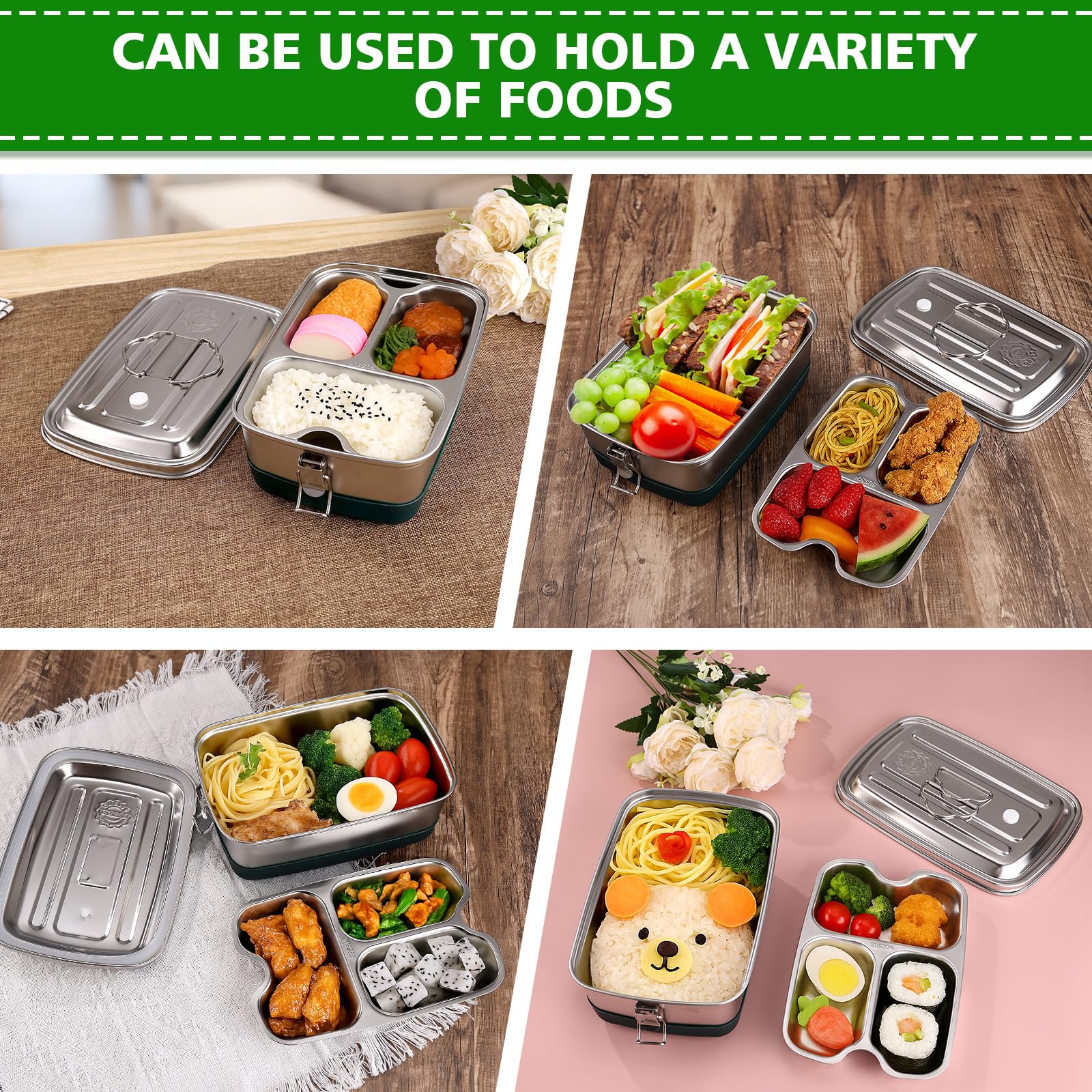 Lunch Box in Acciaio Inossidabile, 2000ml Contenitore Porta Pranzo, Bento Box, Portapranzo con 3 Scomparti, Schiscetta Pranzo, Scatole Bento, Contenitore Pranzo, per Adulti e Bambini
