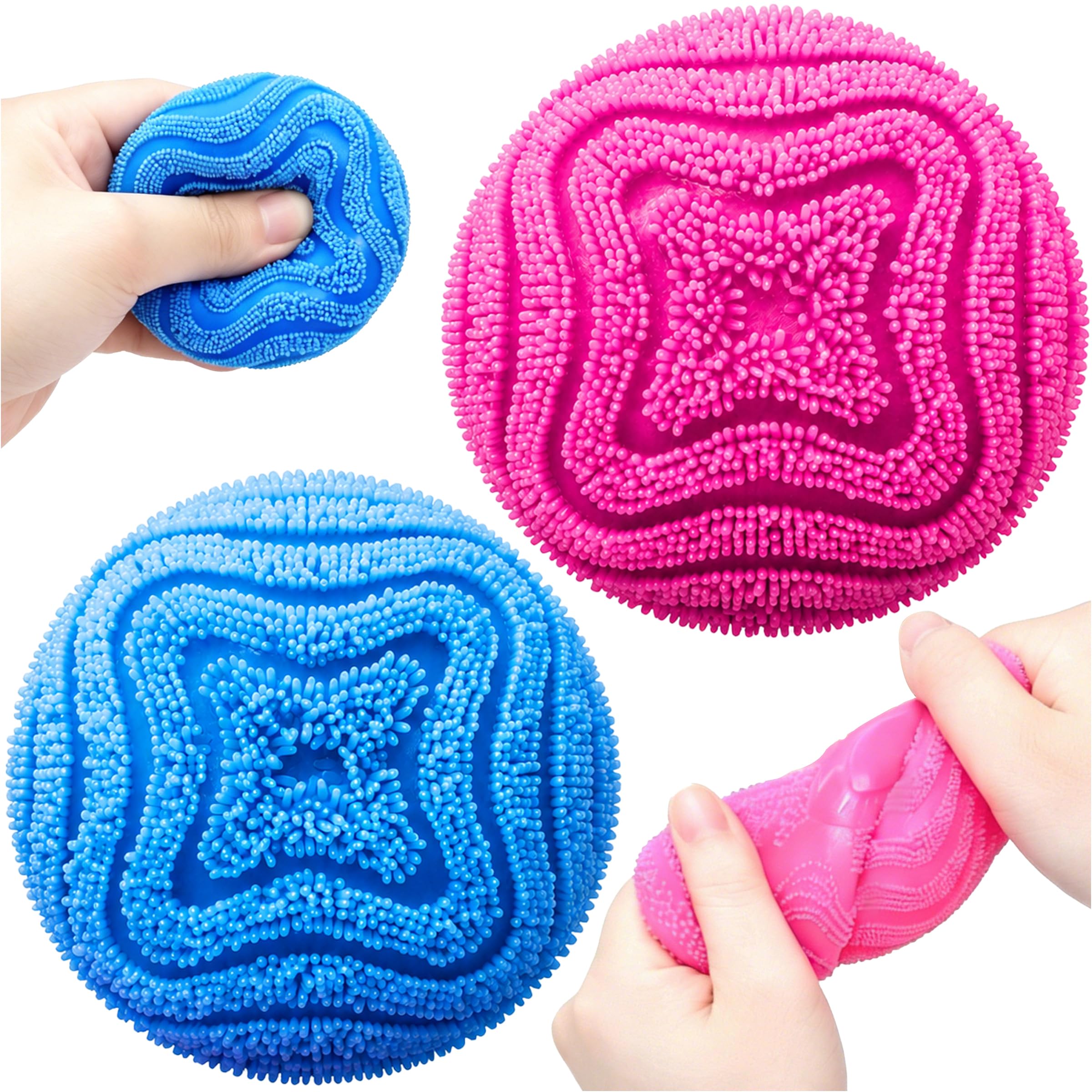 PICKSMOCUB 2 Pack Fuzz Ball Squishy Toys Slow Rising Stress Balls Soft Sensory Fidget Toys Anxiety Relief Squeeze Toy For Adults Kids Office Desk Travel Classroom Blue & Pink