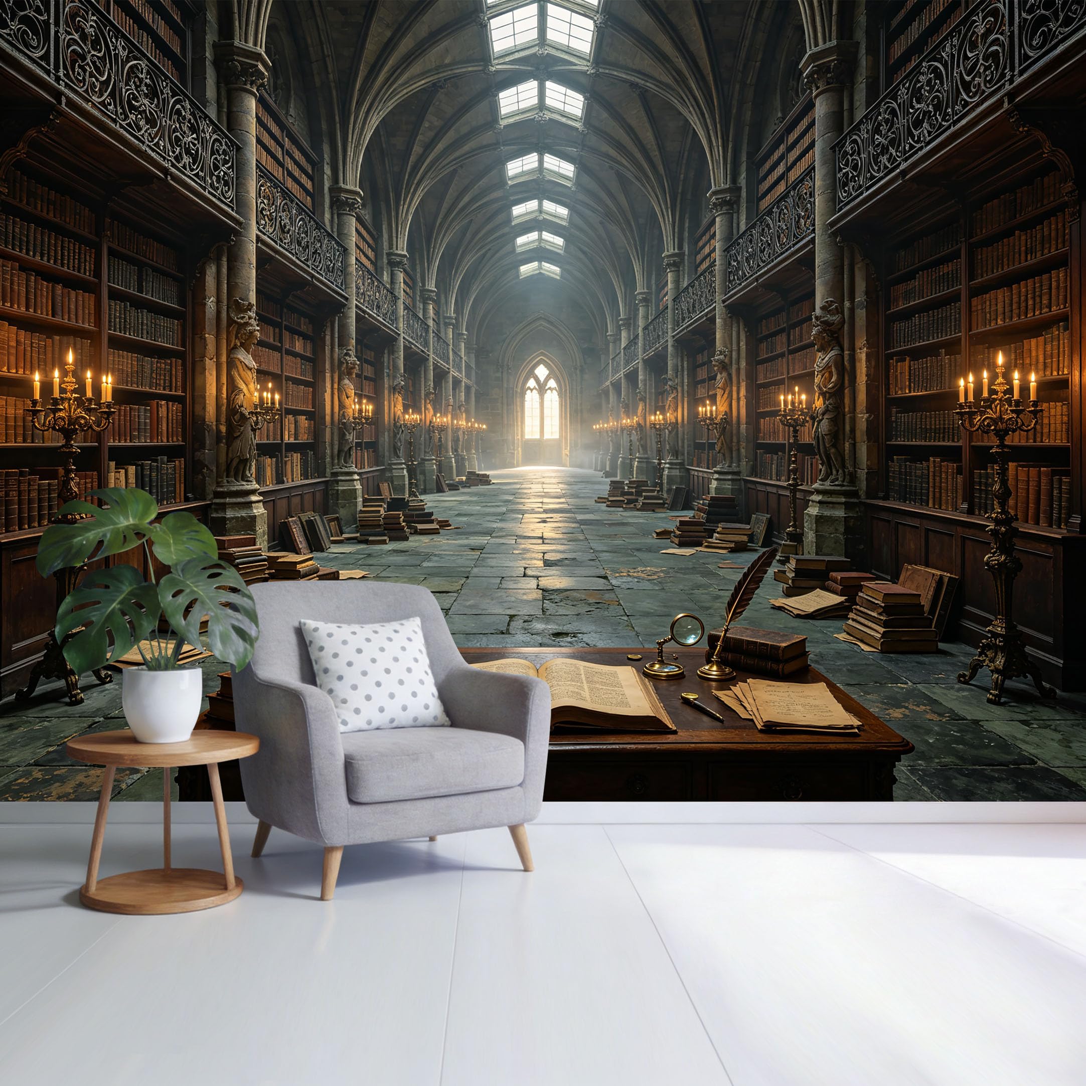 Custom Size Wall Mural Antique Library Bookshelf 3D Trompe L'Oeil Removable Self Adhesive Fabric Home Wall Decor for Living Room Bedroom Bathroom Study Room
