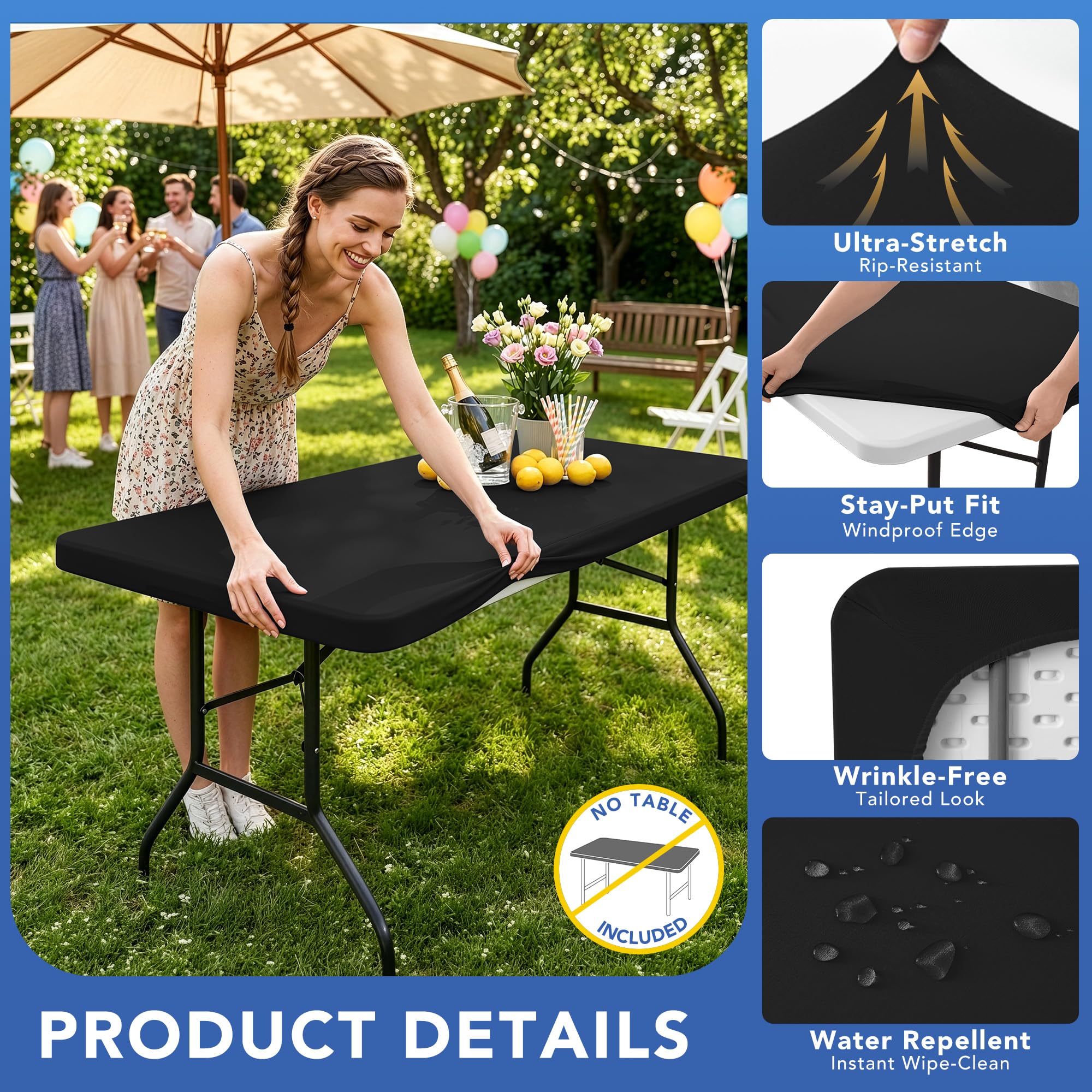 Mantel ajustable para mesas rectangulares de 8 pies, paquete de 10 unidades, color negro, elástico, plegable, de elastano, para camping, comedor, patio, cocina, banquete y fiesta