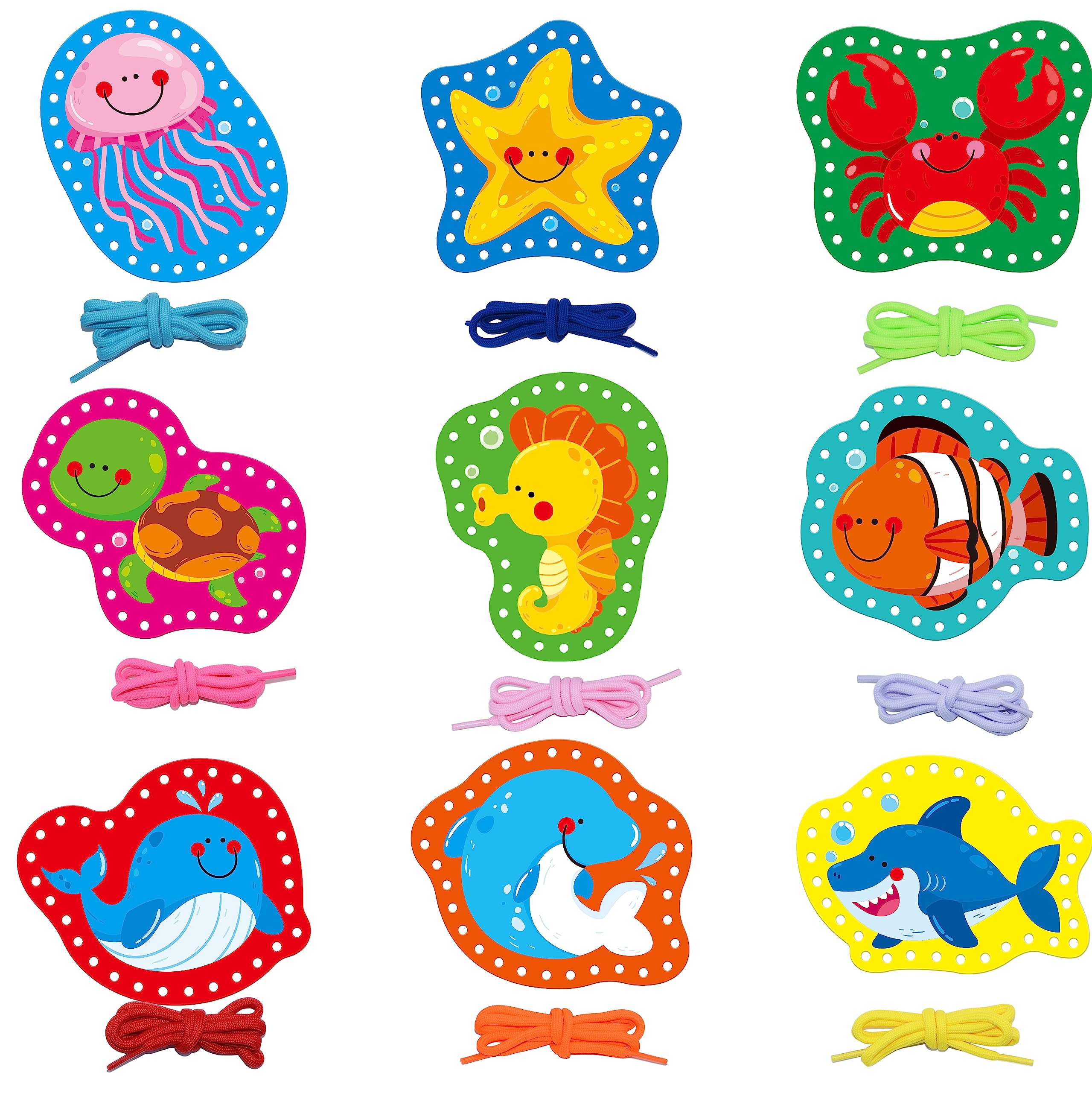 9 Pieces Kids Lacing Cards, Double Sided Sewing Cards in 9 Marine Animal Cards with 9 Colorful Laces, Imagination Development Lacing Toys Games for Children Educational and Learning Activity