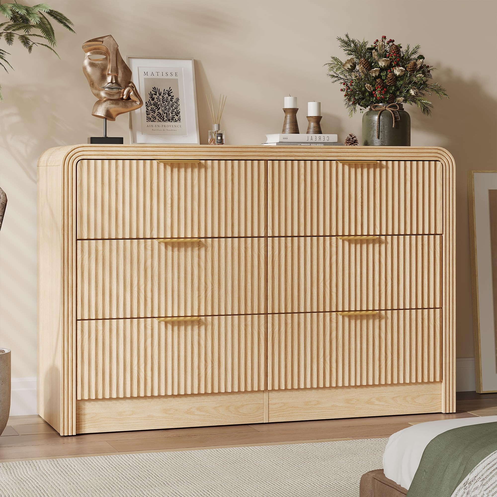 Decofy 47 inch fluted 6 drawer dresser in natural oak
