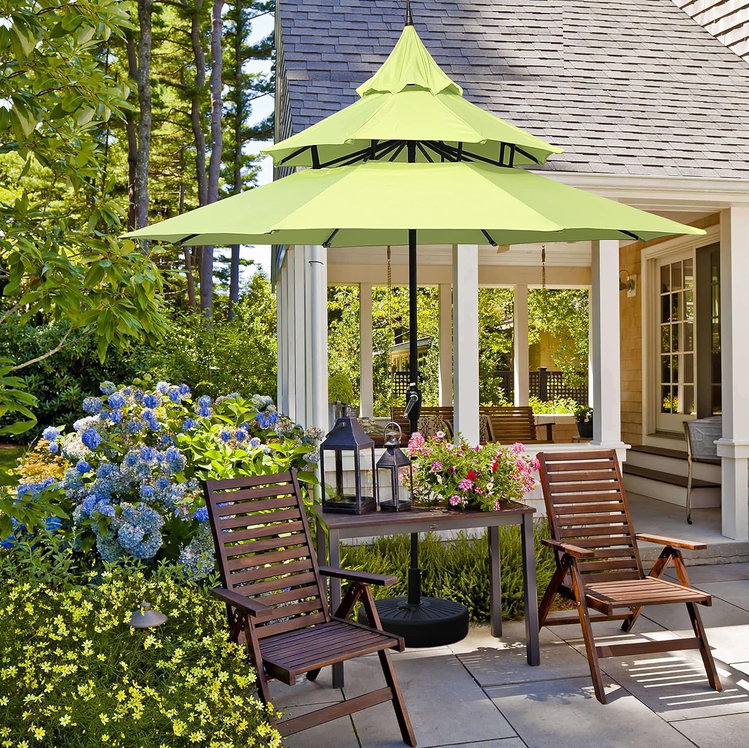 ABBLE Outdoor Patio Umbrella 9 Ft Pagoda with Crank, Weather Resistant, UV Protection, Durable, 8 Sturdy Steel Ribs, 3 Tier Vented Market Outdoor Table Umbrella,Lime Green